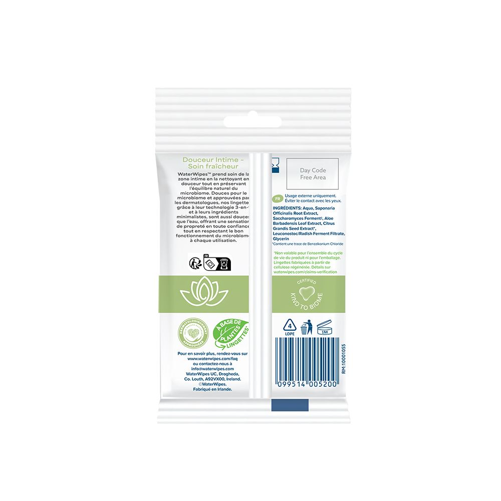 Rückseite der Verpackung von WaterWipes Intimpflegetücher mit Inhaltsstoffen und Anwendungshinweisen.
