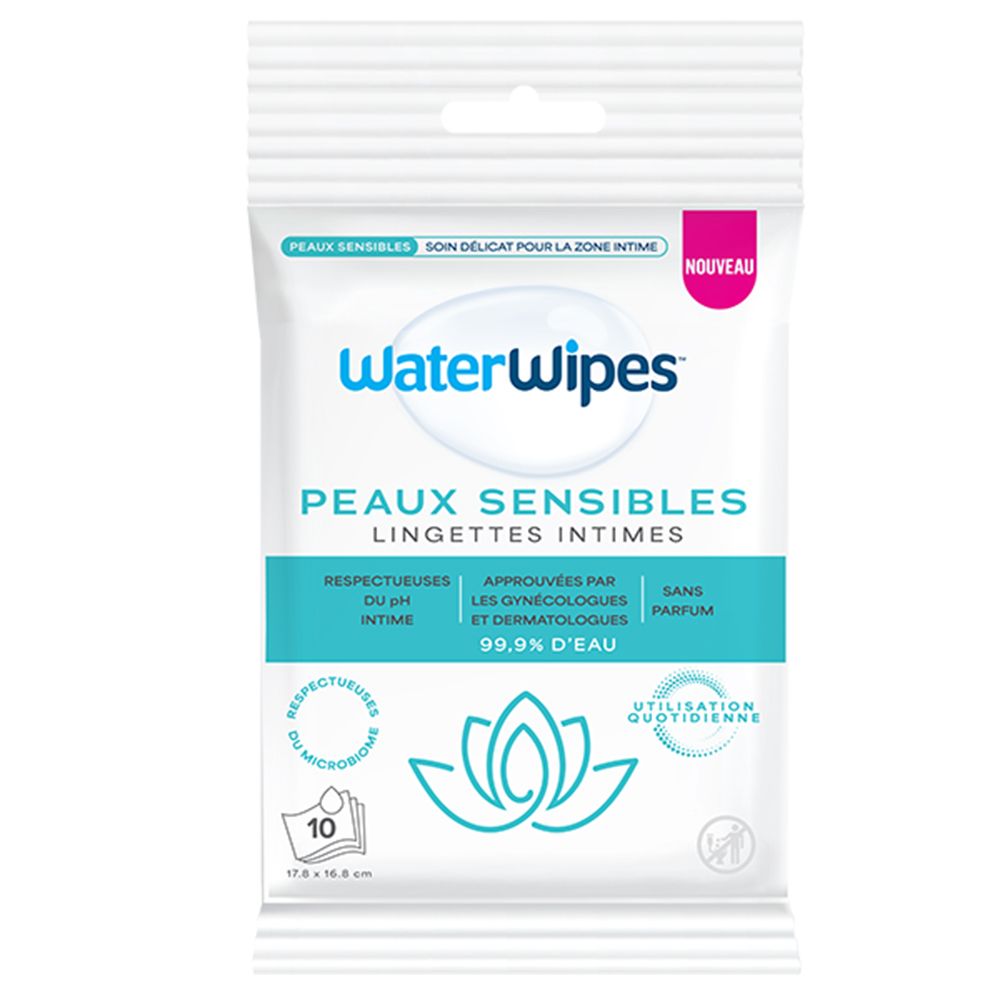 Verpackung von WaterWipes Feuchttüchern für empfindliche Haut, 10 Tücher.
