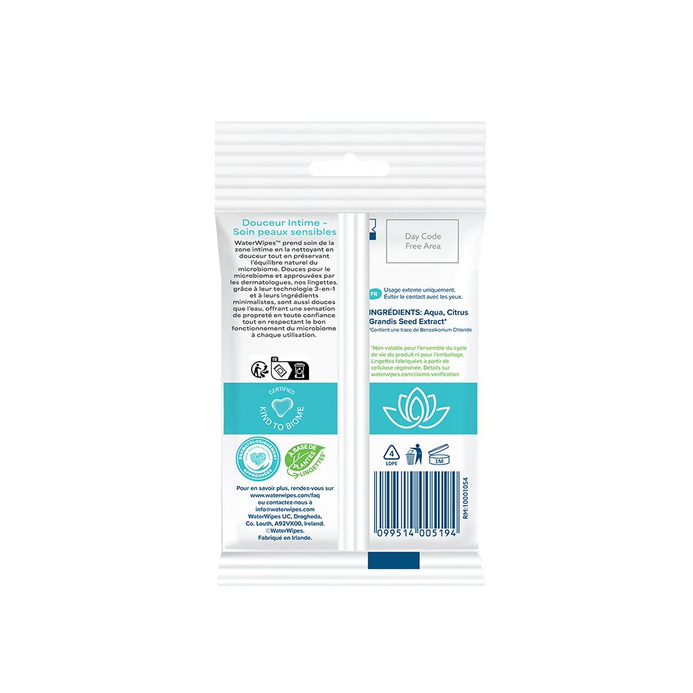 Rückseite der Verpackung von WaterWipes Feuchttüchern mit Inhaltsstoffen und Zertifizierungen.