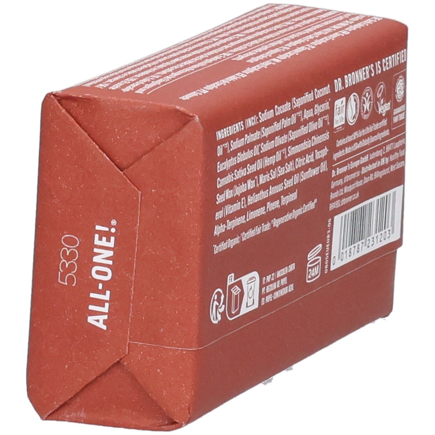 Seifenverpackung, schräg. Zutatenliste, Zertifizierungen, Barcode. Aufschrift: Dr. Bronner's is Certified.