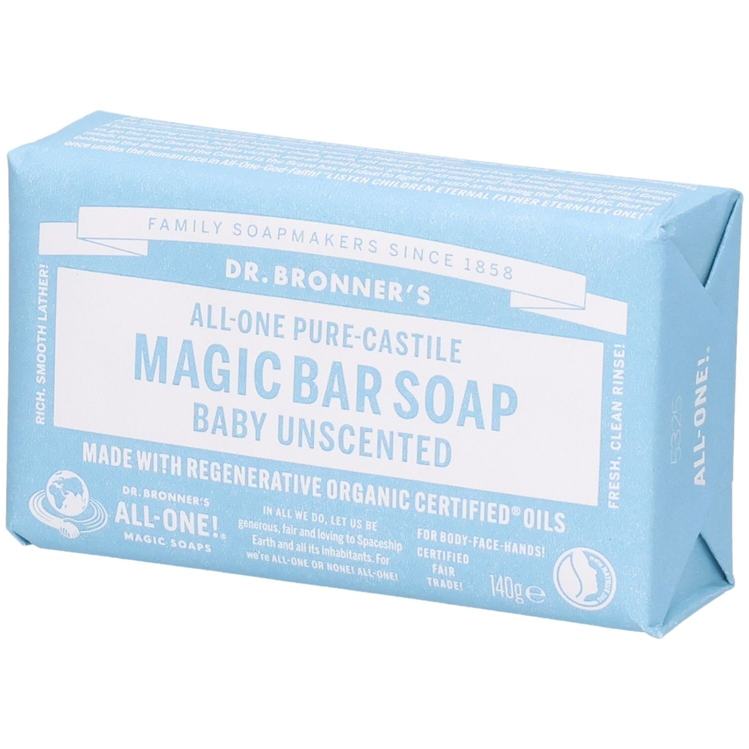 Dr. Bronner's Magic Bar Soap, Baby Unscented, 140g. Hellblaue Verpackung mit weißer Schrift.