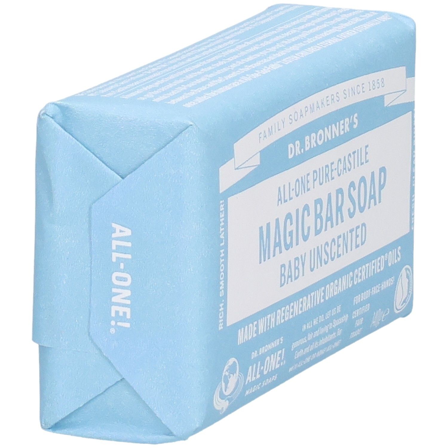 Dr. Bronner's Magic Bar Soap, Baby Unscented, in hellblauer Verpackung.