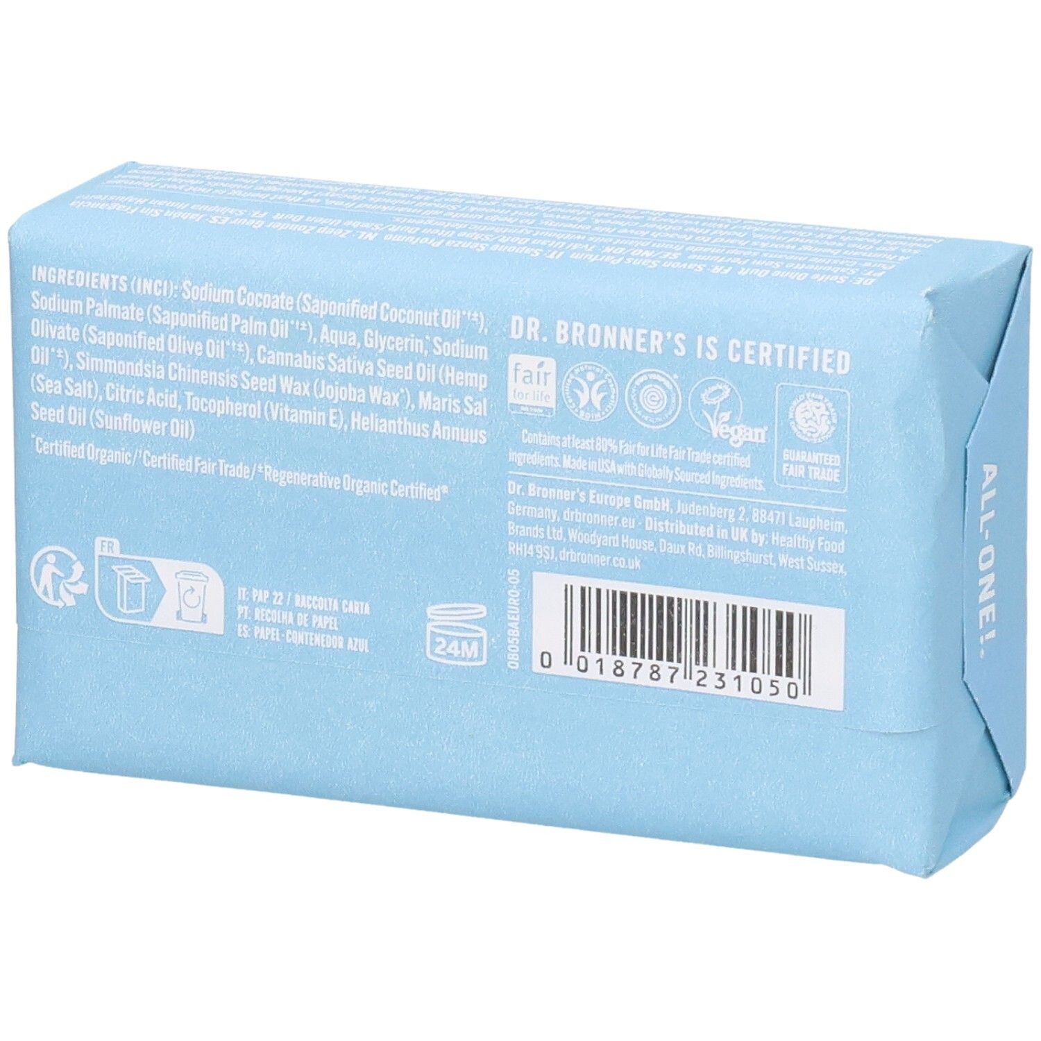 Dr. Bronner's Seife, hellblau verpackt, mit Zutatenliste und Siegeln.