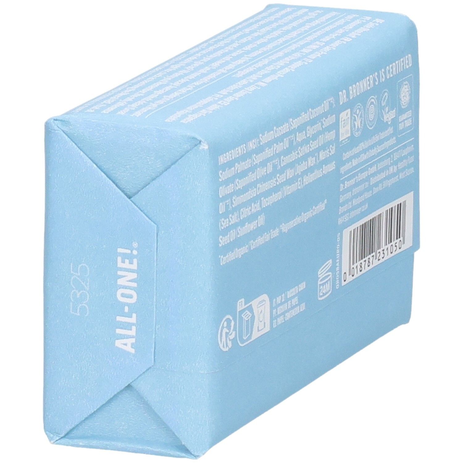 Dr. Bronner's Seife in hellblauer Verpackung mit Aufschrift "ALL-ONE!". Enthält Inhaltsstoffe und Zertifizierungen.