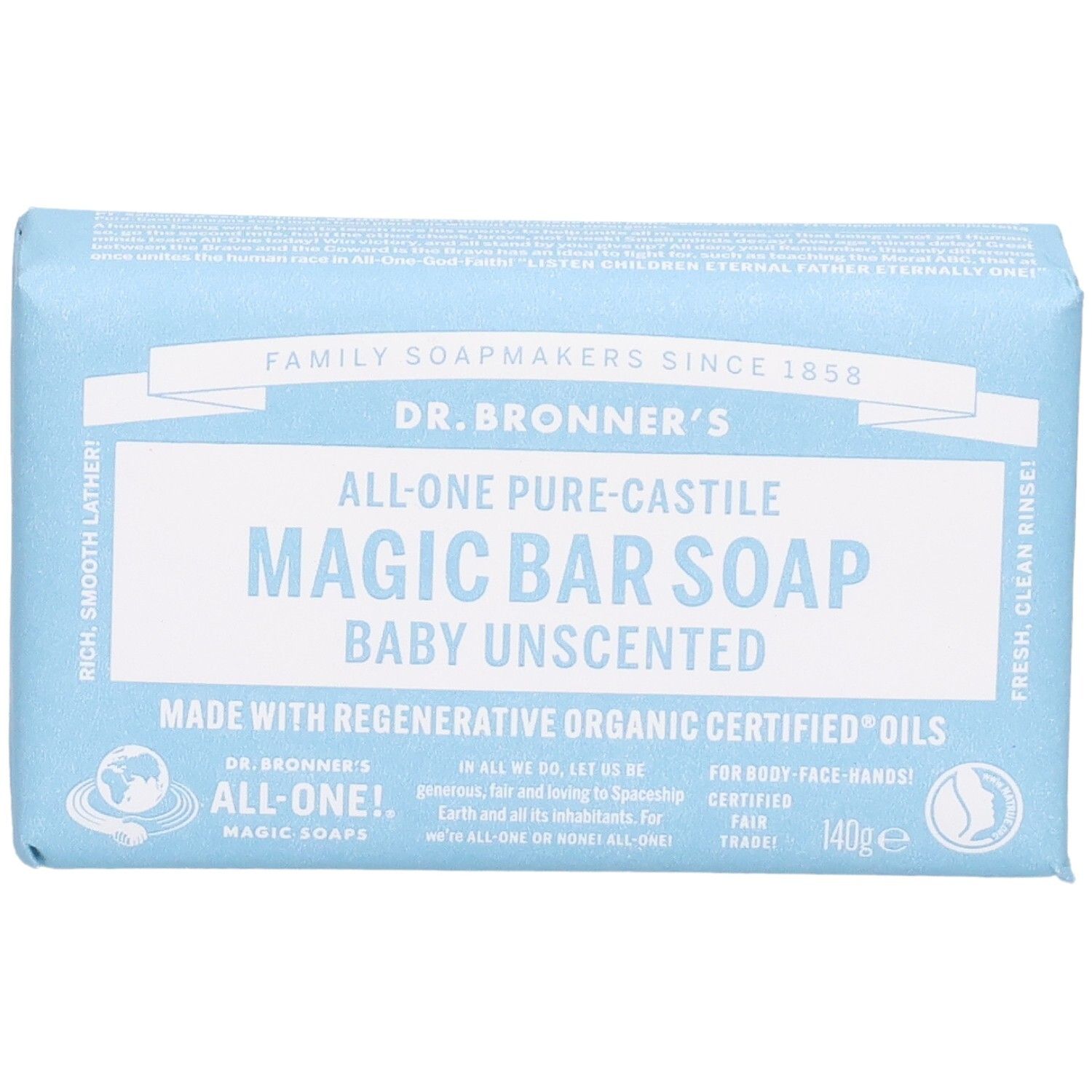 Dr. Bronner's Magic Bar Soap, Baby Unscented, 140g. Blaue Verpackung mit weißer Schrift.