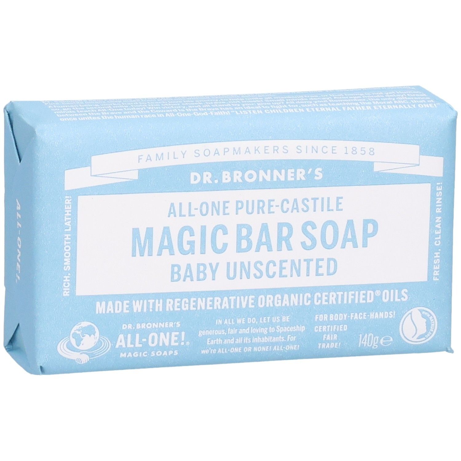 Dr. Bronner's Magic Bar Soap, Baby Unscented, 140g. Blaue Verpackung.
