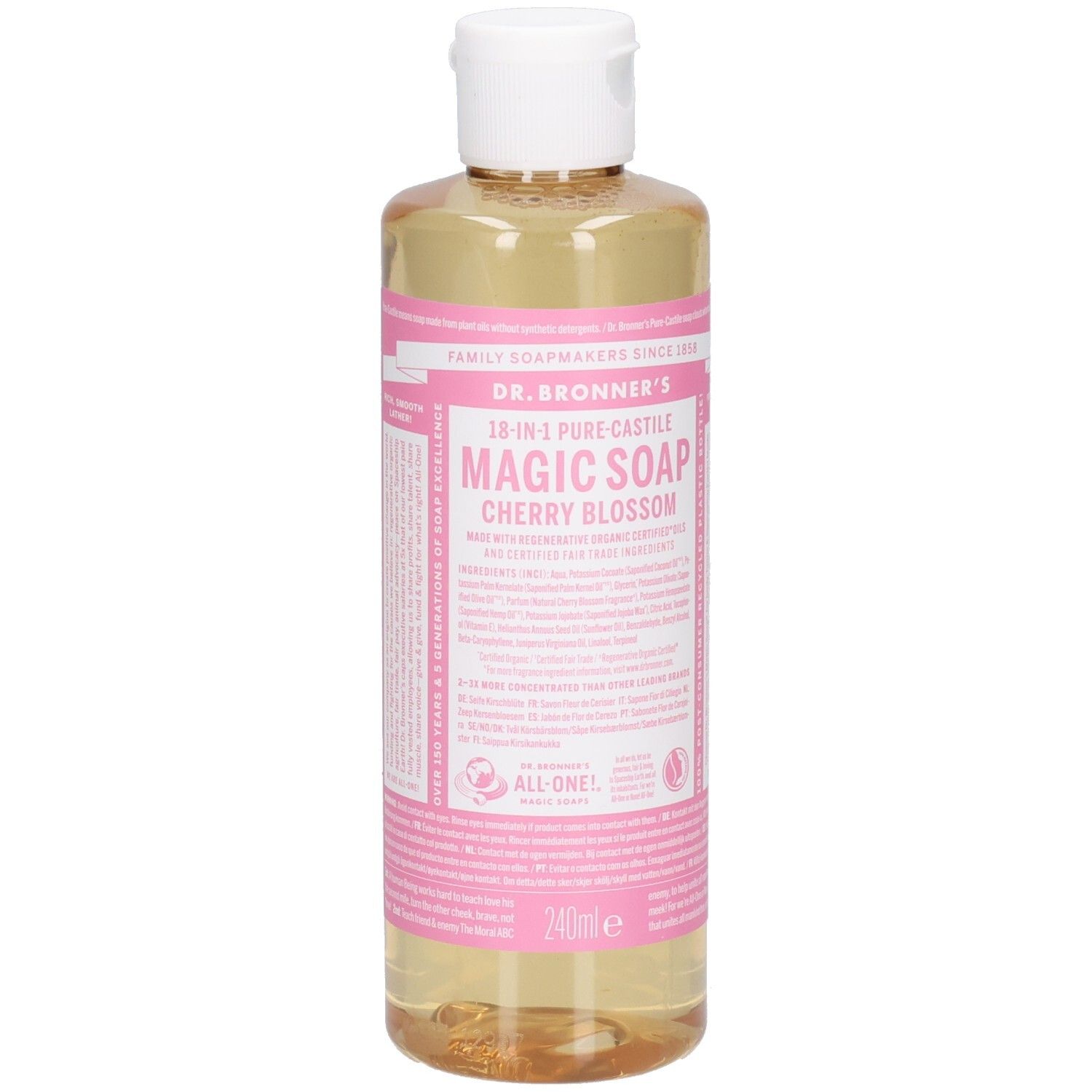 Klare Flüssigseife in einer Plastikflasche mit weißem Deckel. Rosa Etikett mit Produktnamen und Inhaltsangaben.