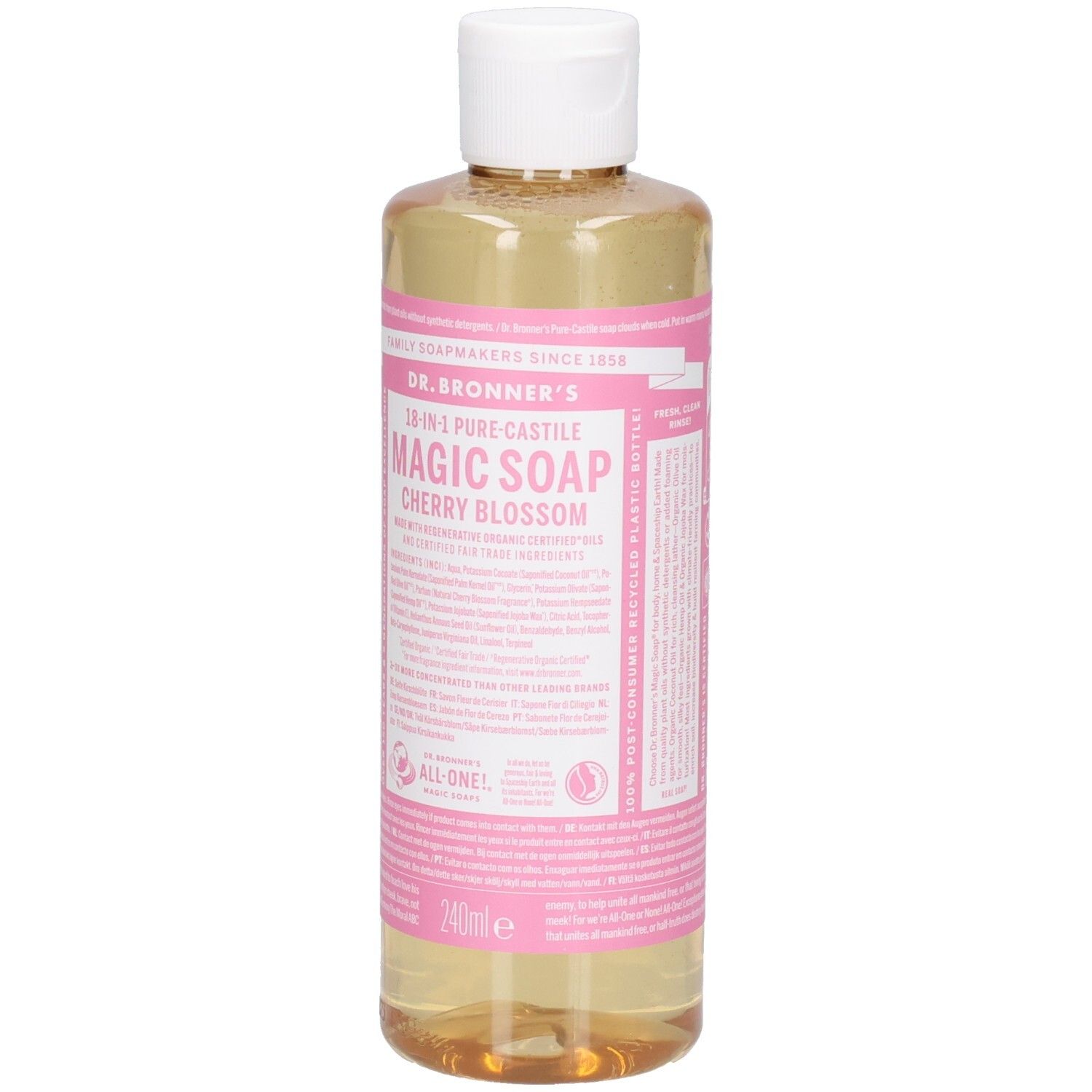 Flüssigseife in Plastikflasche mit weißem Deckel. Rosa Etikett mit Produktnamen und Inhaltsangaben.