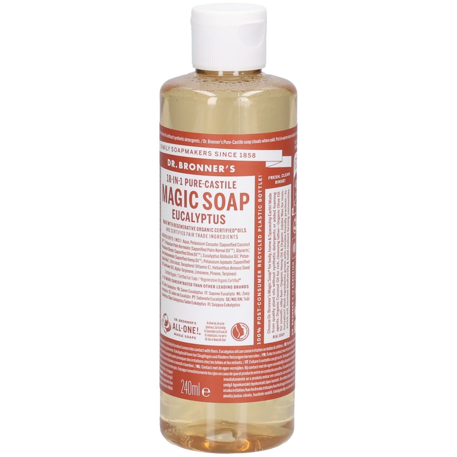 Savon liquide en flacon transparent à bouchon blanc. Étiquette avec nom du produit et ingrédients. 240ml.