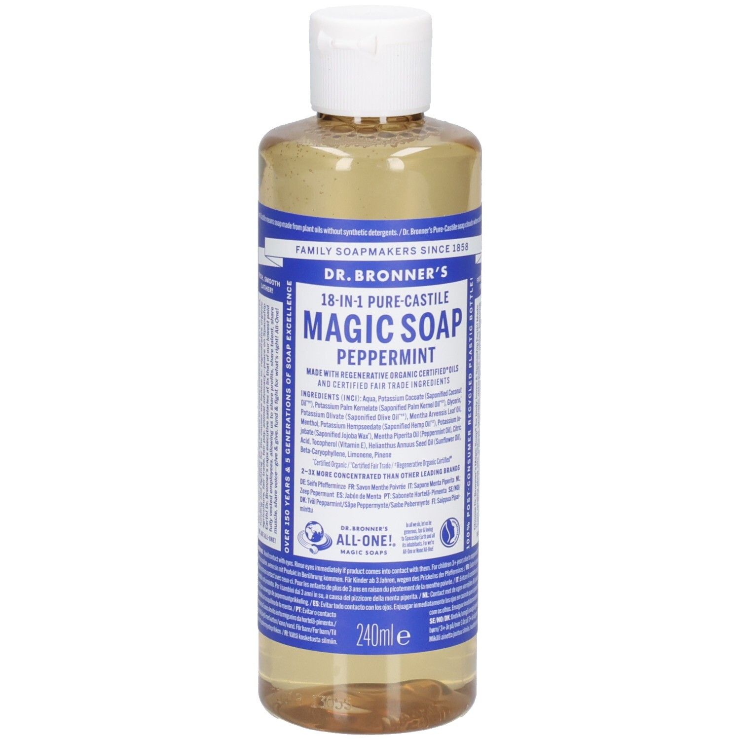 Dr. Bronner's Peppermint Magic Soap in einer transparenten Flasche mit weißem Deckel. Blaue Etiketten mit Text.