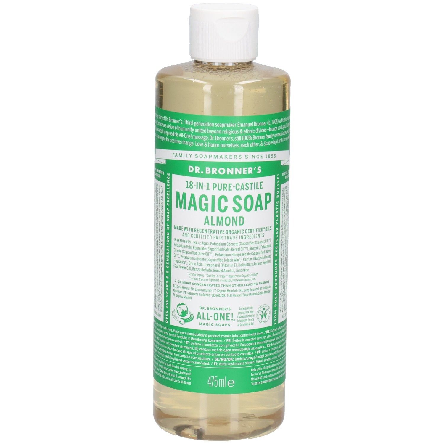 Dr. Bronner's Mandel Magic Soap. Flasche mit weißem Deckel. Grüne und weiße Etiketten mit Produktinformationen. 475ml.