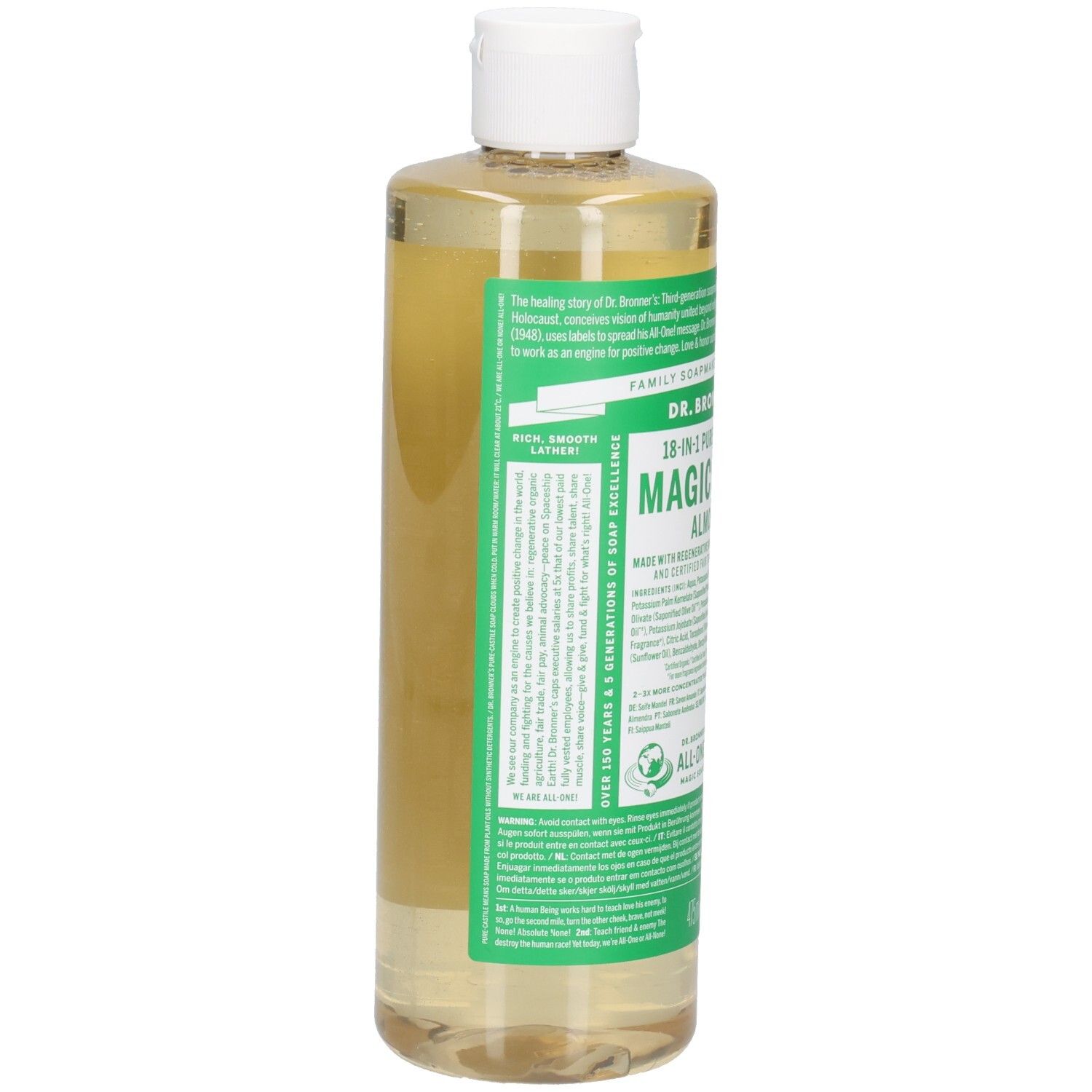 Dr. Bronner's Mandel Magic Soap. Flasche mit weißem Deckel. Grüne und weiße Etiketten mit Produktinformationen. Rückansicht.