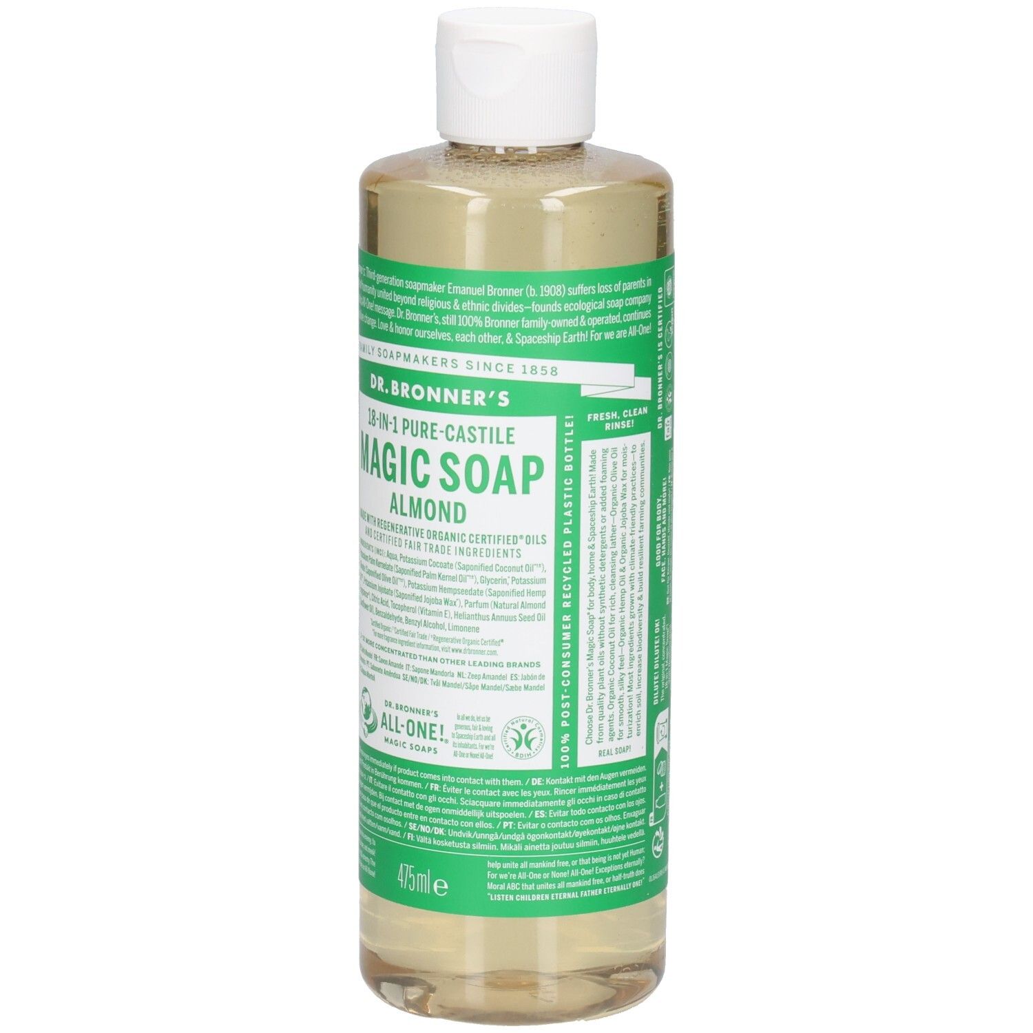 Dr. Bronner's Mandel Magic Soap. Flasche mit weißem Deckel. Grüne und weiße Etiketten mit Produktinformationen. 475ml.