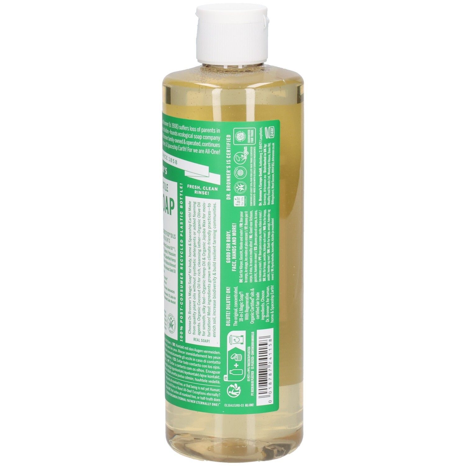 Dr. Bronner's Mandel Magic Soap. Flasche mit weißem Deckel. Grüne und weiße Etiketten mit Produktinformationen. Rückansicht.
