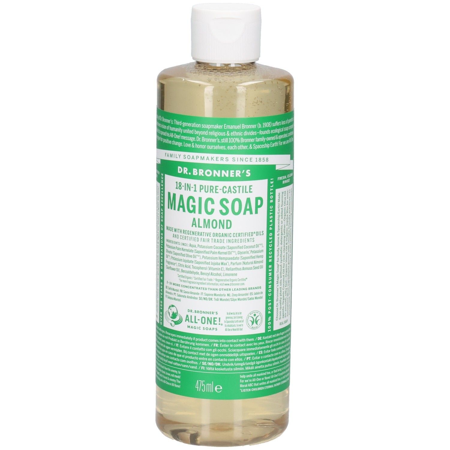 Dr. Bronner's Mandel Magic Soap. Flasche mit weißem Deckel. Grüne und weiße Etiketten mit Produktinformationen. 475ml.