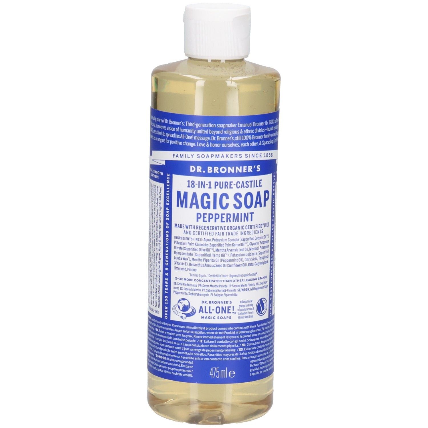 Eine Flasche Dr. Bronner's Peppermint Magic Soap. Weißer Deckel, blaue Etiketten. Enthält Text und Logos. 475ml.