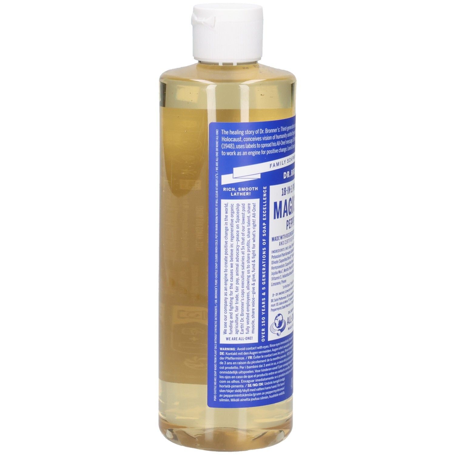 Rückansicht der Flasche Dr. Bronner's Peppermint Magic Soap. Weißer Deckel, blaue Etiketten. Text und Logos sichtbar.