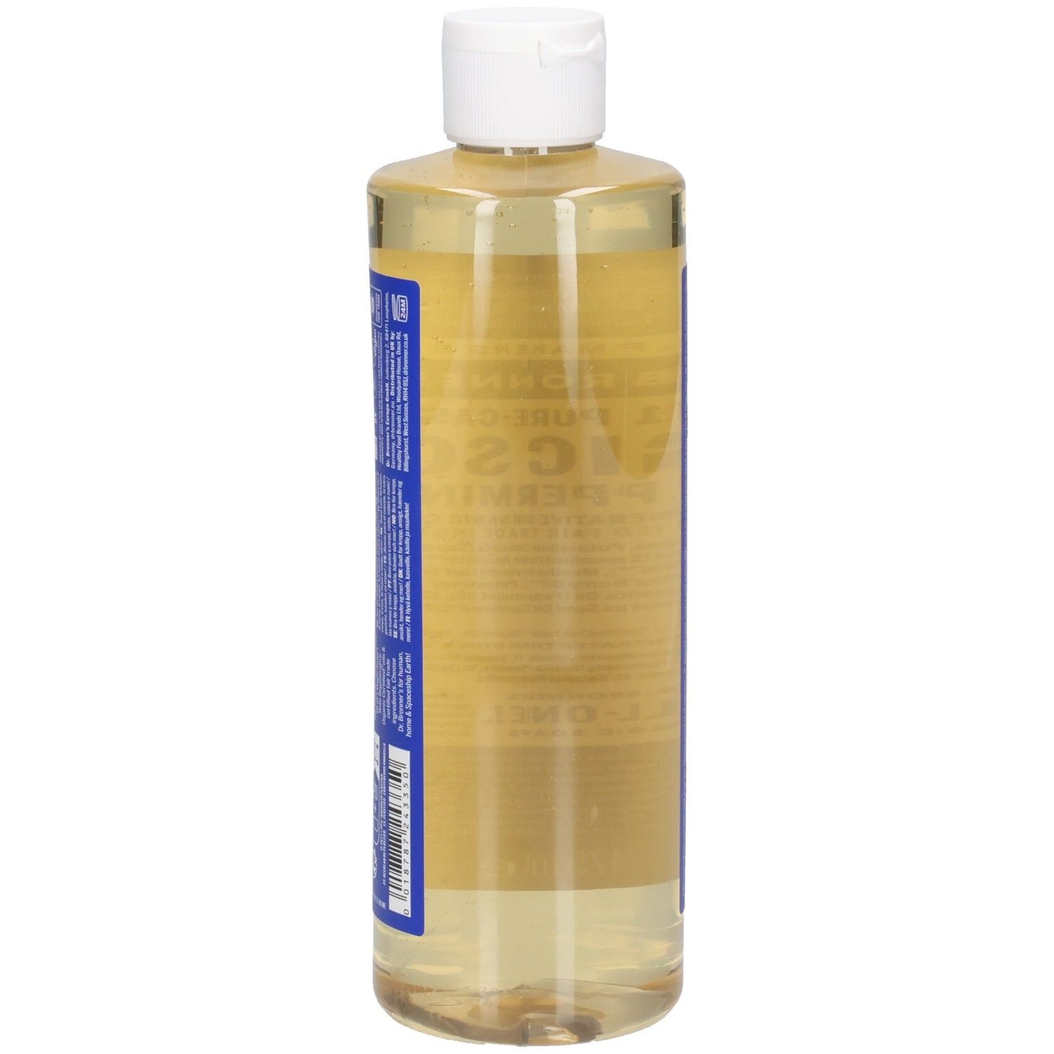 Seitenansicht der Flasche Dr. Bronner's Peppermint Magic Soap. Blaue Etiketten mit Text. Weißer Deckel.