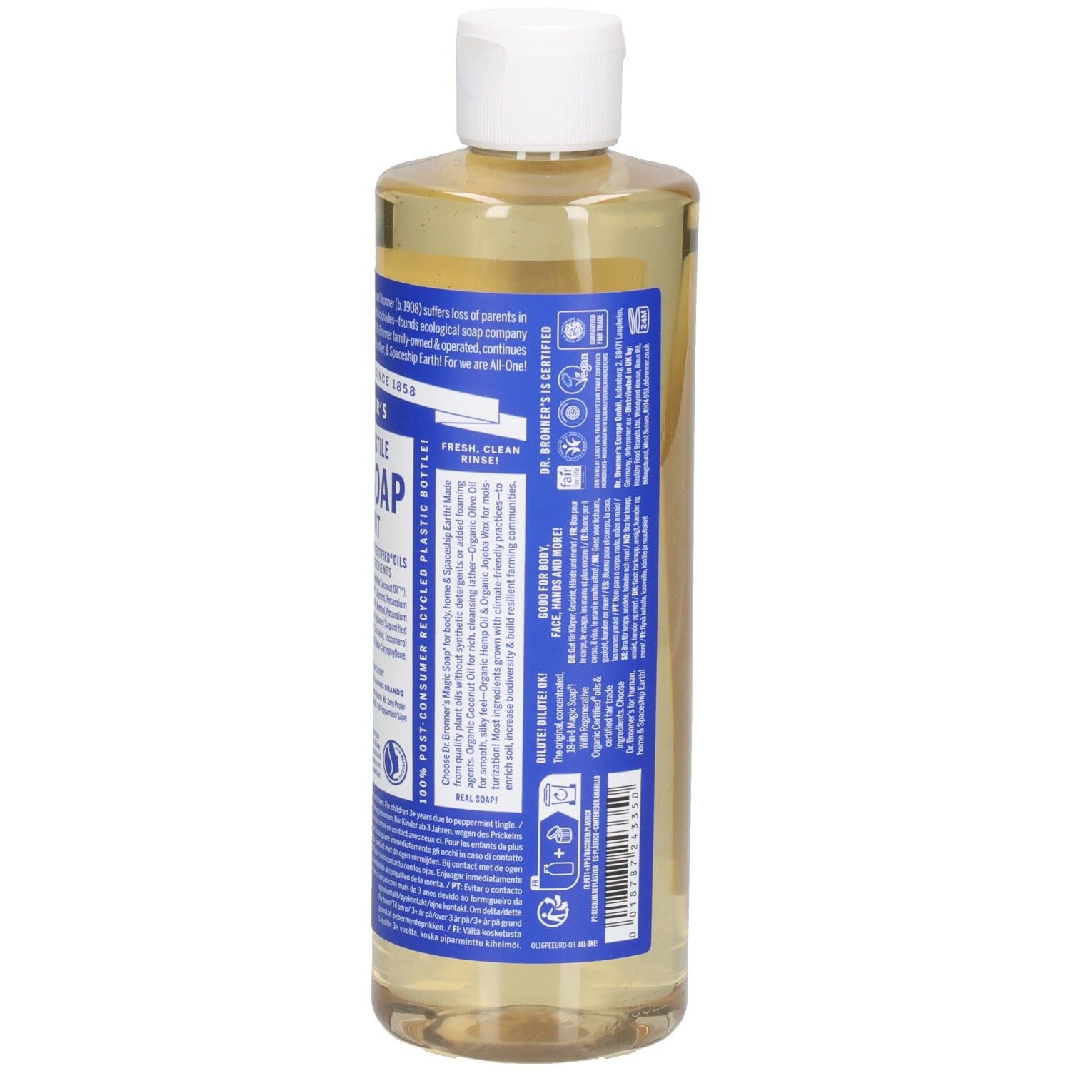 Rückansicht der Flasche Dr. Bronner's Peppermint Magic Soap. Blaue Etiketten mit Text. Weißer Deckel. Recycelte Plastikflasche.