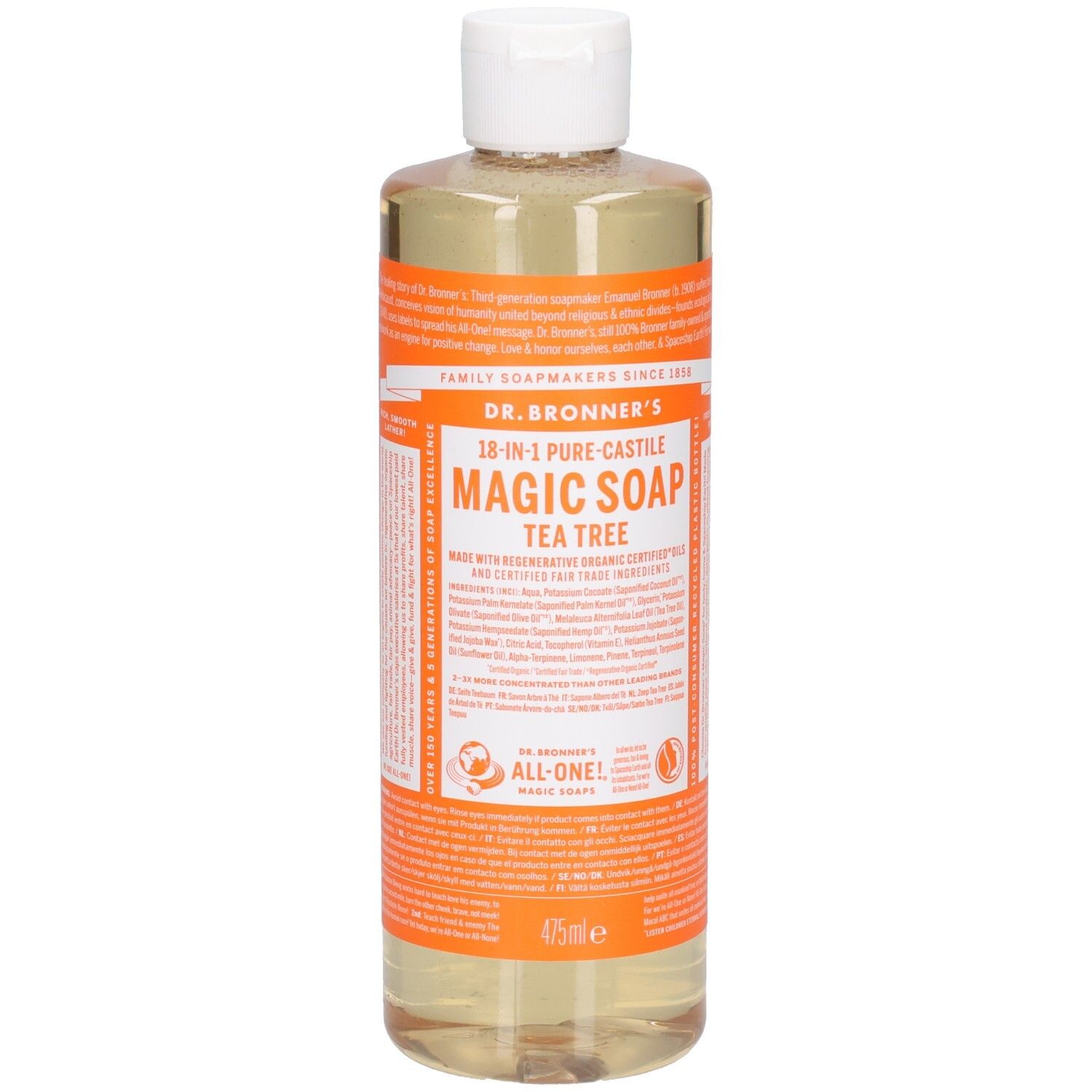 Eine Flasche Dr. Bronner's Magic Soap. Orangefarbenes Etikett mit Text. Weißer Deckel. Klare Flüssigkeit. 475ml.