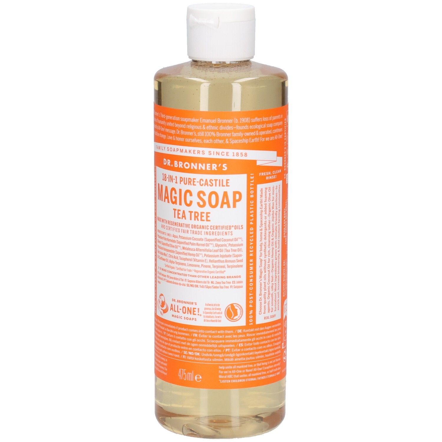 Eine Flasche Dr. Bronner's Magic Soap. Orangefarbenes Etikett mit Text. Weißer Deckel. Klare Flüssigkeit. 475ml.