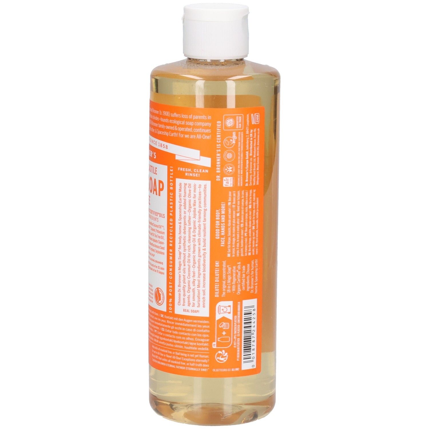 Rückansicht der Flasche Dr. Bronner's Magic Soap. Orangefarbenes Etikett mit Text. Weißer Deckel. Klare Flüssigkeit.
