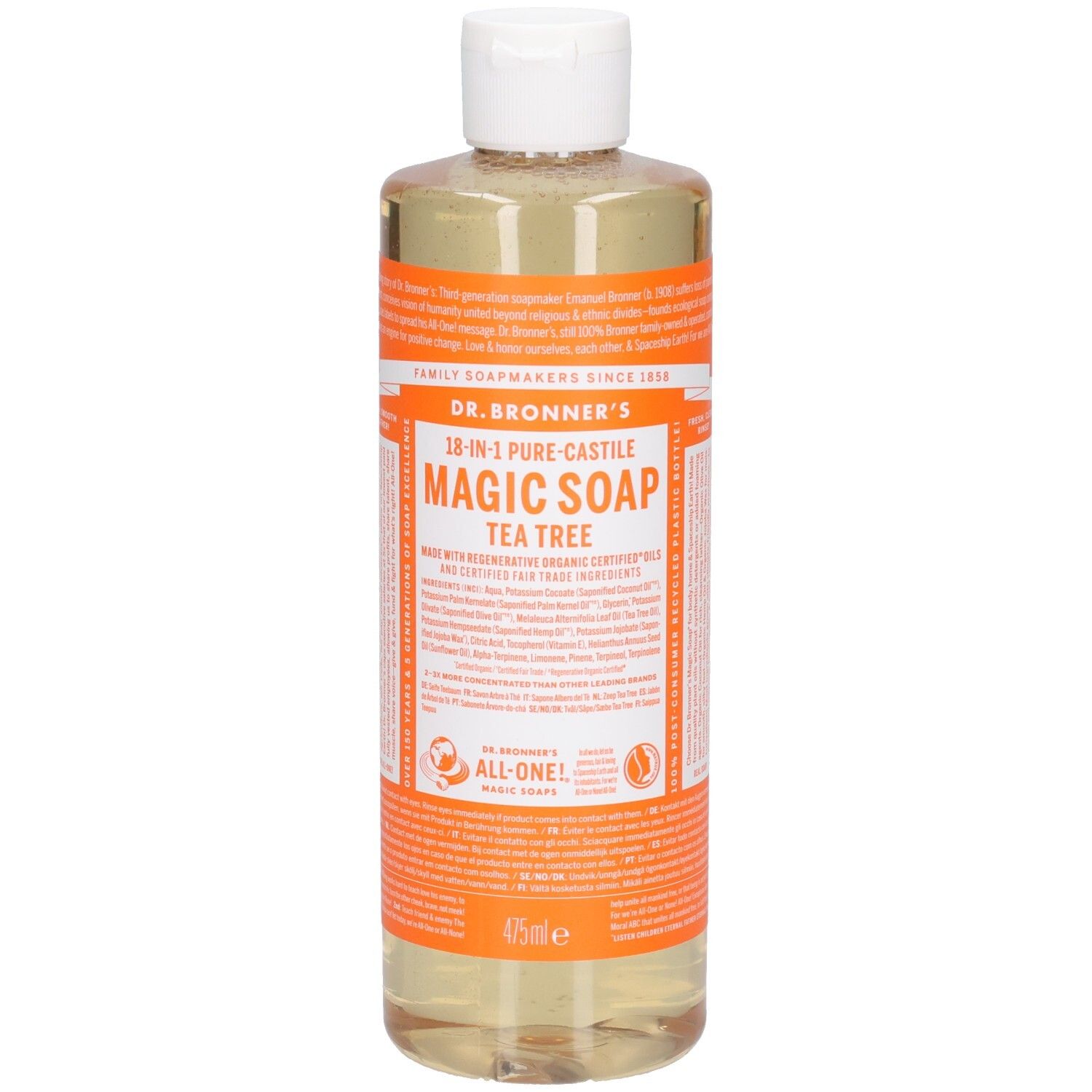 Eine Flasche Dr. Bronner's Magic Soap. Orangefarbenes Etikett mit Text. Weißer Deckel. Klare Flüssigkeit. 475ml.