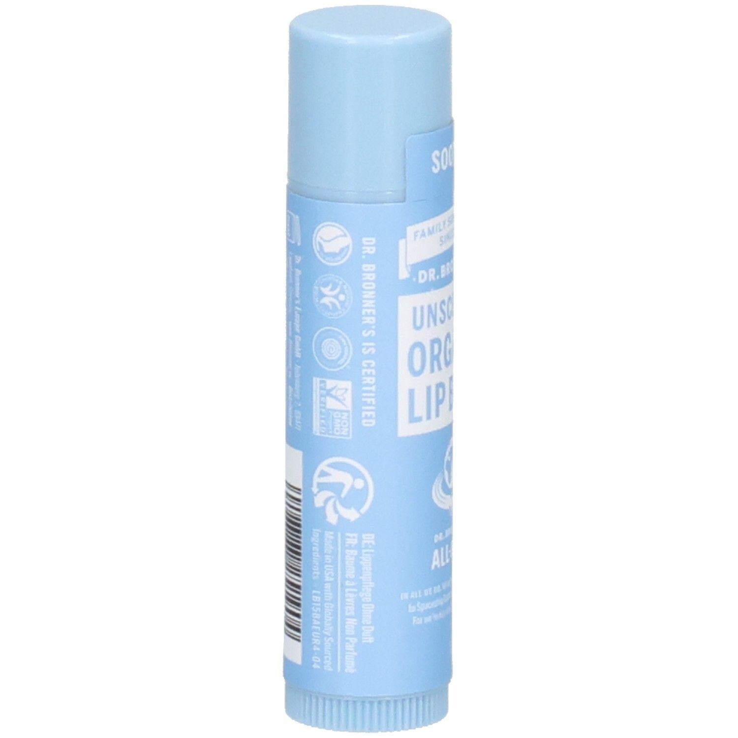 Hellblauer Lippenbalsam-Stick. Aufschrift: DR. BRONNER'S IS CERTIFIED. Rückseite mit Text und Logos.