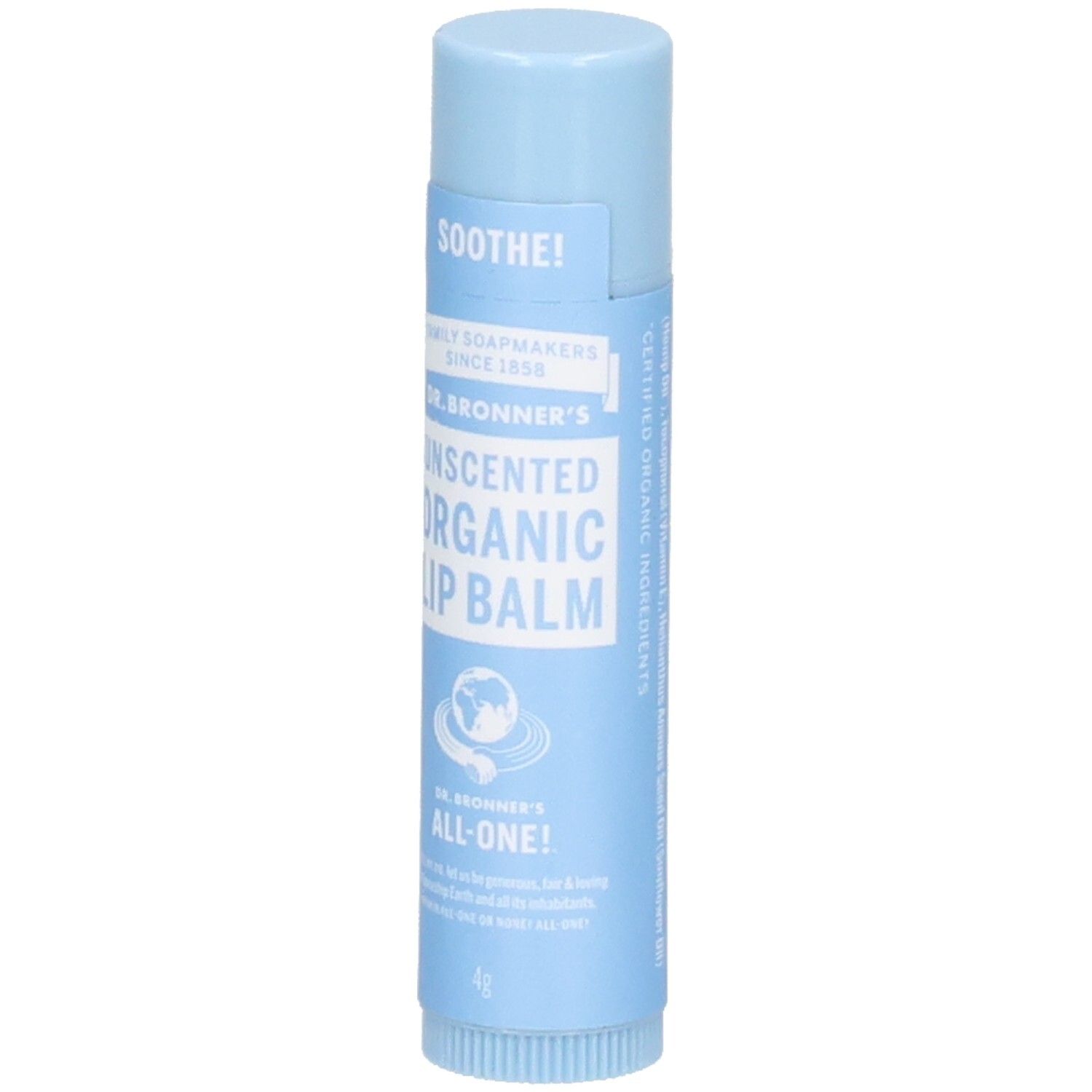 Hellblauer Lippenbalsam-Stick. Aufschrift: SOOTHE!, DR. BRONNER'S UNSCENTED ORGANIC LIP BALM, ALL-ONE!. 4g.