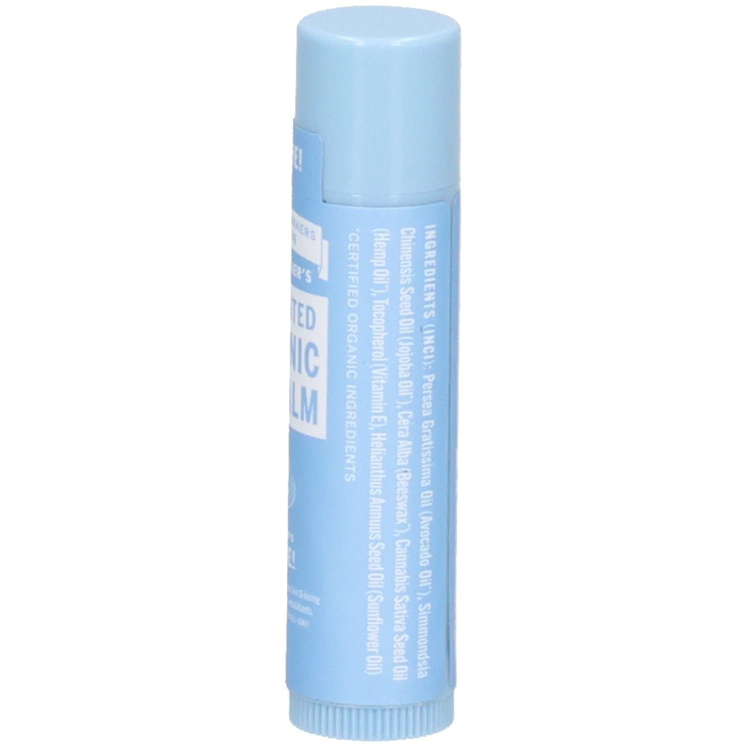 Hellblauer Lippenbalsam-Stick. Aufschrift: DR. BRONNER'S UNSCENTED ORGANIC LIP BALM. Zutatenliste.