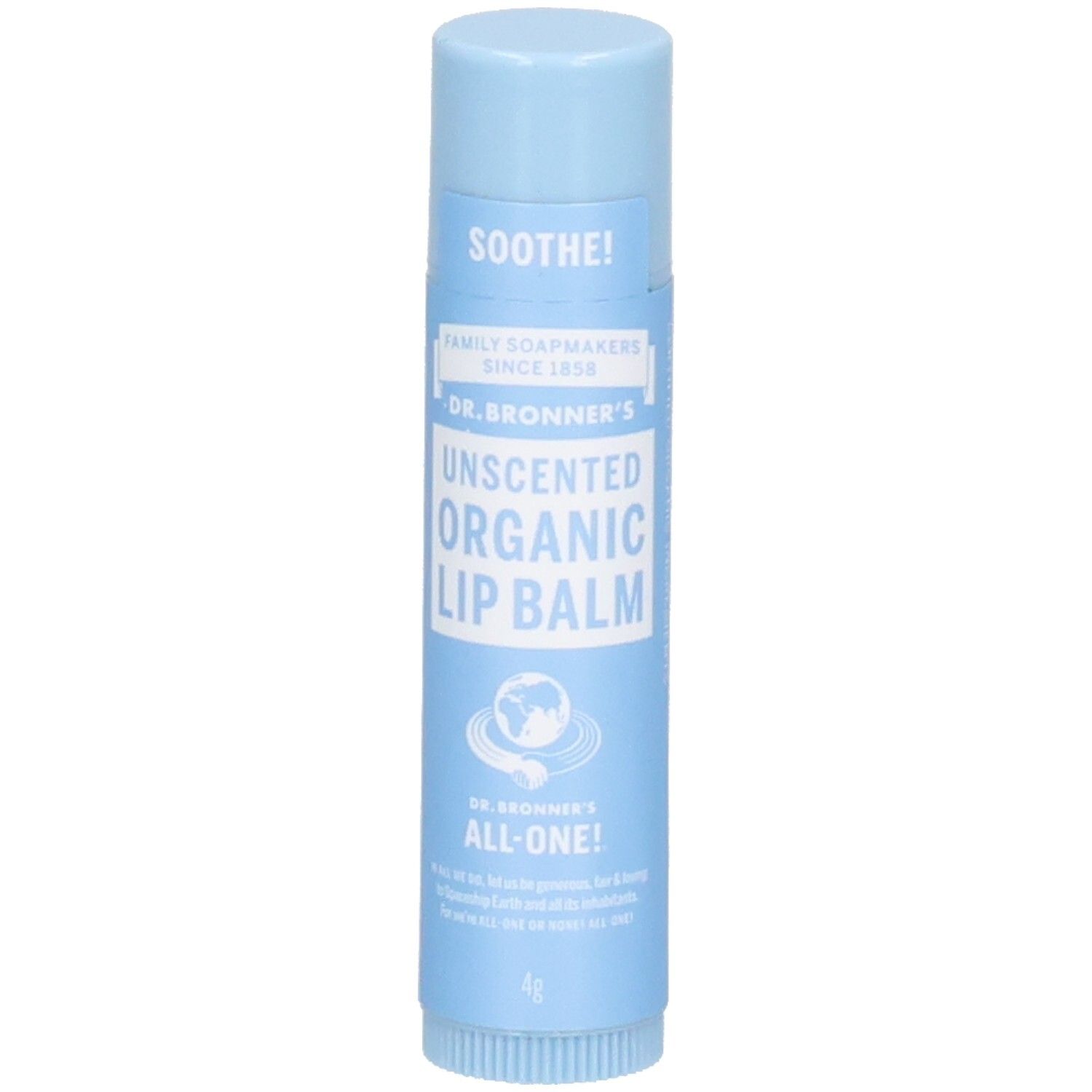Hellblauer Lippenbalsam-Stick. Aufschrift: SOOTHE!, DR. BRONNER'S UNSCENTED ORGANIC LIP BALM, ALL-ONE!. 4g.