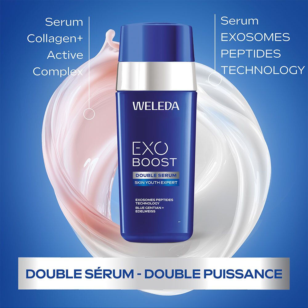 Blau-silberne Flasche. Aufschrift: WELEDA, EXO BOOST DOUBLE SERUM, SKIN YOUTH EXPERT. Doppel-Serum, doppelte Leistung.