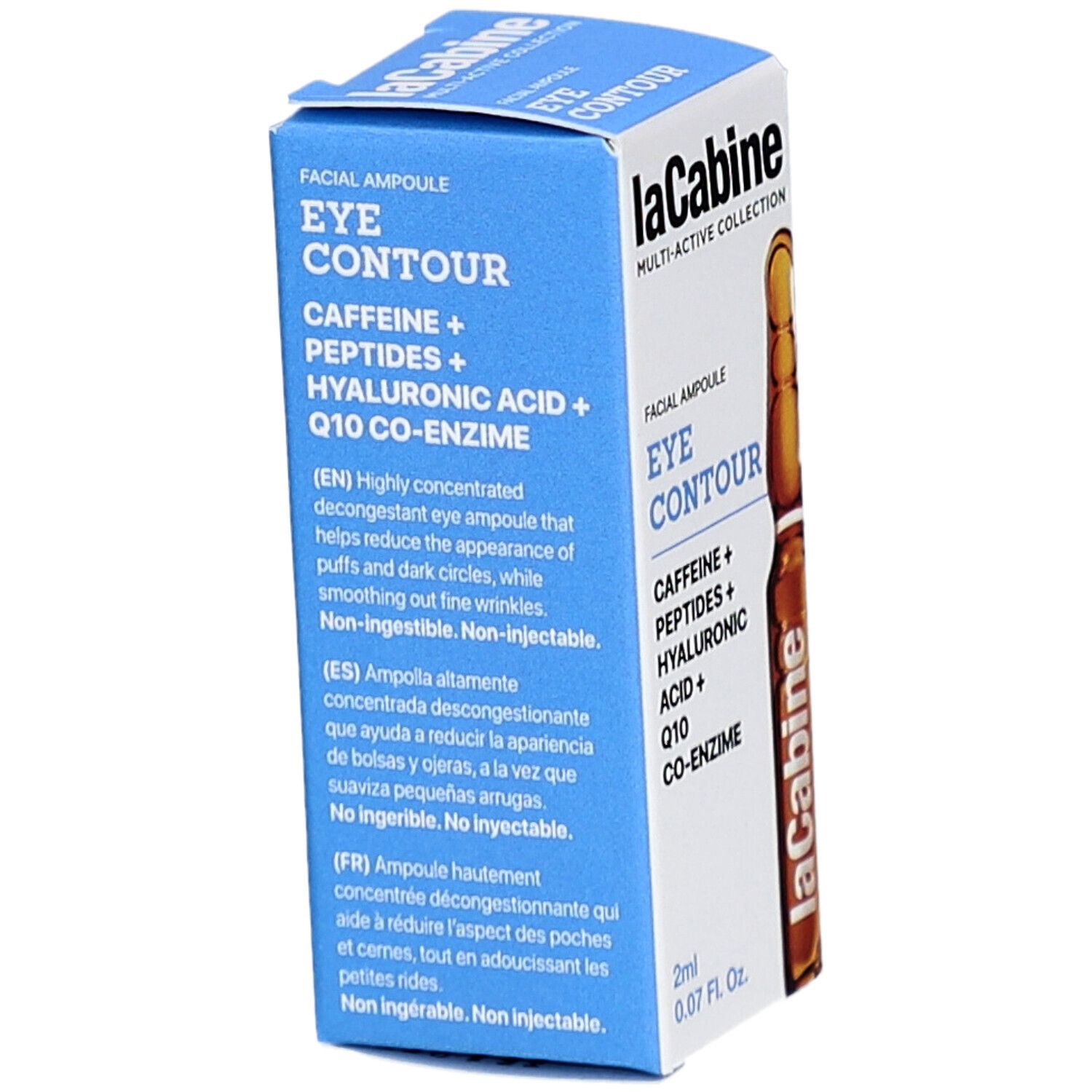 Kartonverpackung mit Text. Aufschrift: Eye Contour, Caffeine, Peptide, Hyaluronsäure, Q10. Nicht injizierbar.
