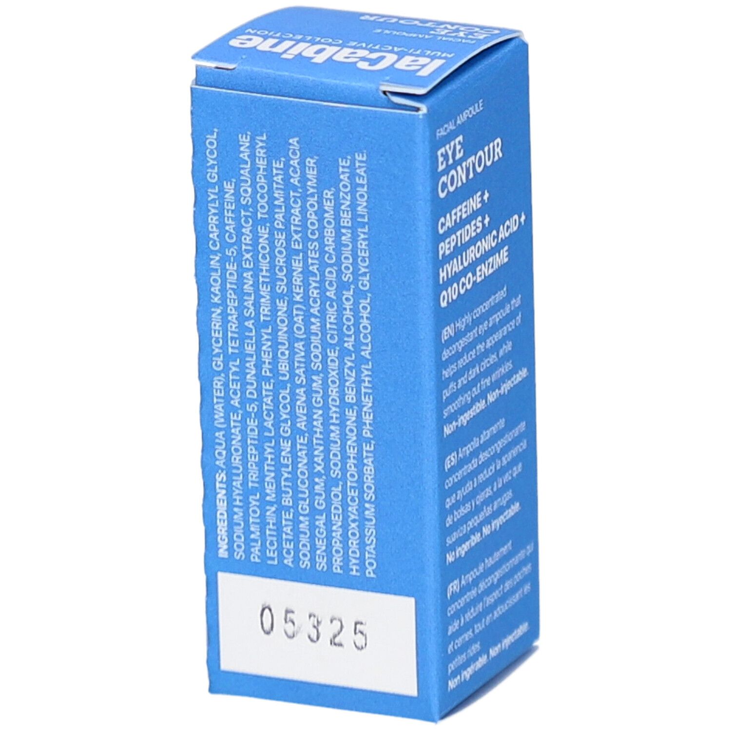 Kartonverpackung mit Inhaltsstoffen. Aufschrift: Eye Contour, Caffeine, Peptide, Hyaluronsäure, Q10. Code: 05325.