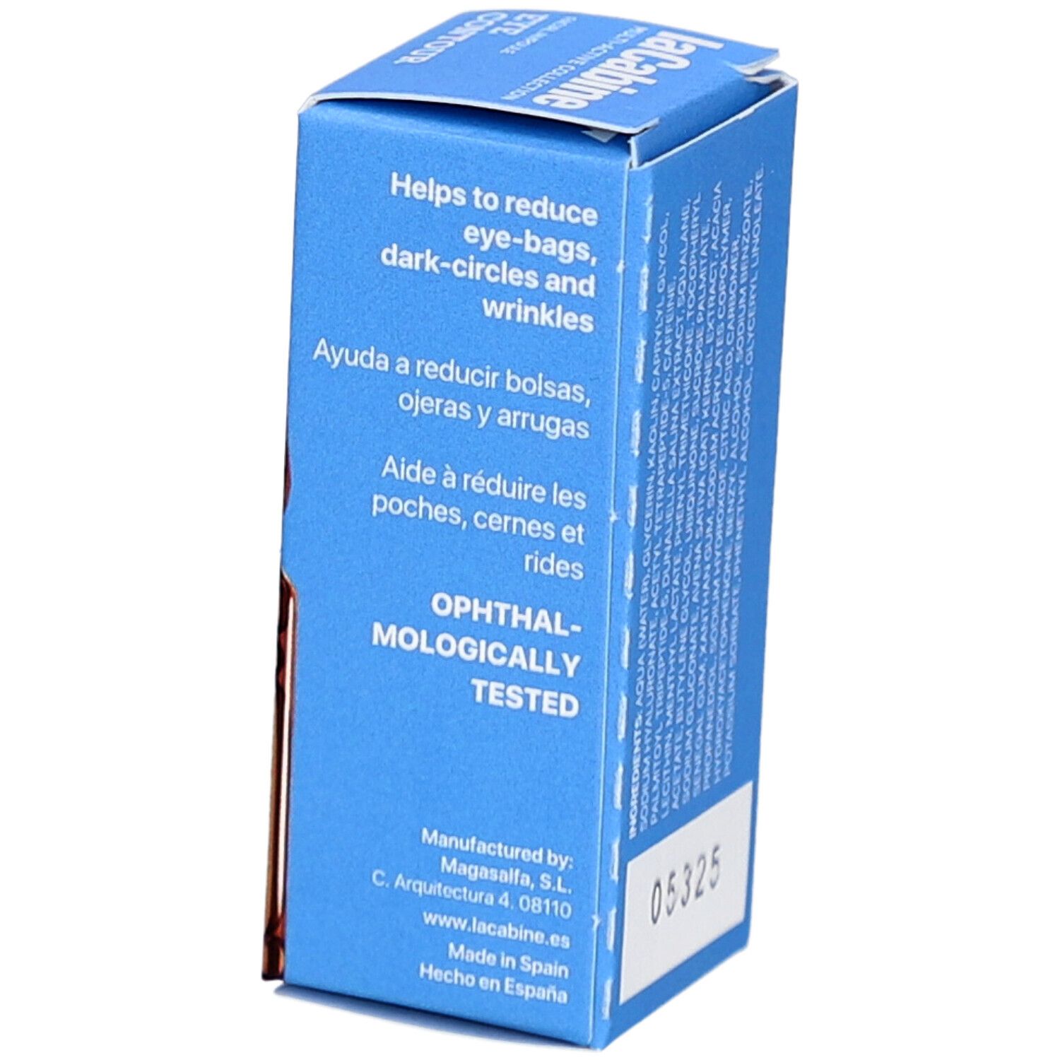 Kartonverpackung mit Text. Aufschrift: Eye Contour, reduziert Tränensäcke, Augenringe, Falten. Code: 05325.