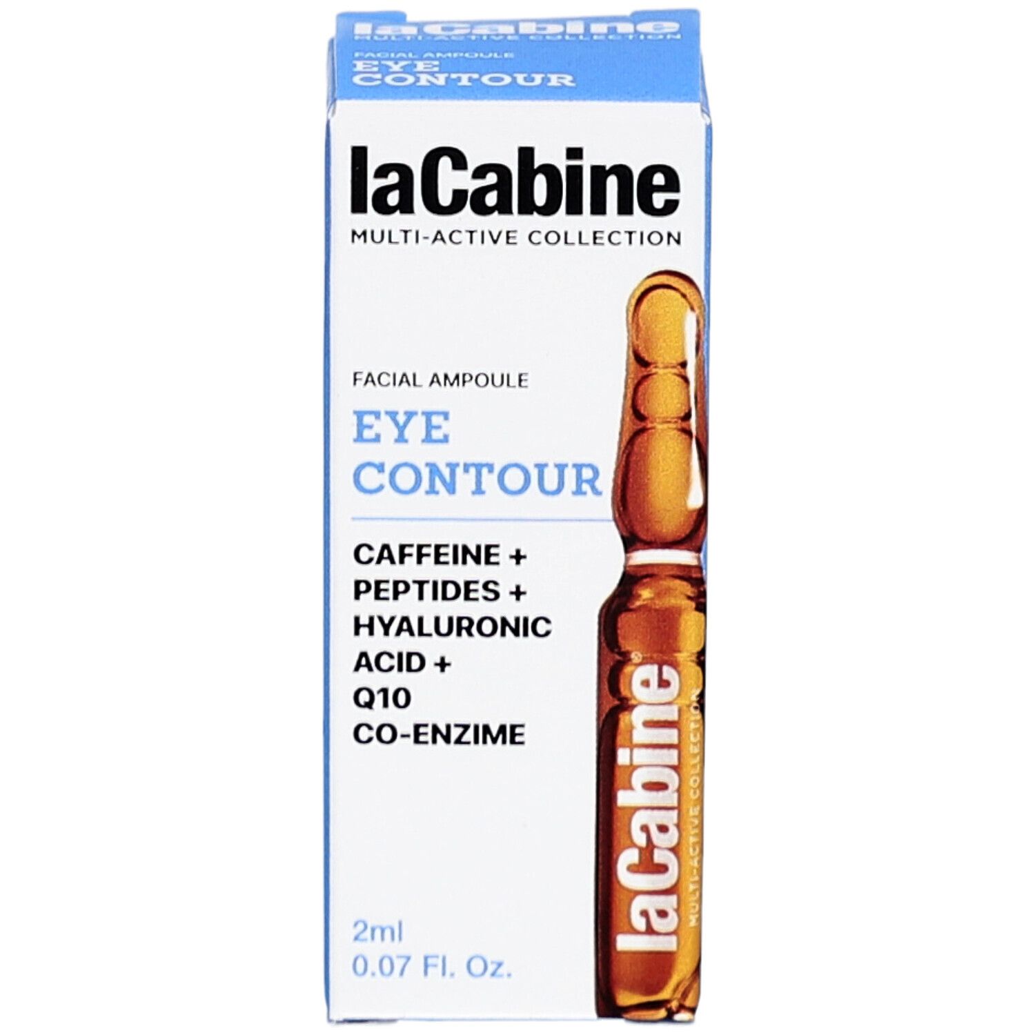 Kartonverpackung mit Ampulle. Aufschrift: Eye Contour, Caffeine, Peptide, Hyaluronsäure, Q10. 2ml.