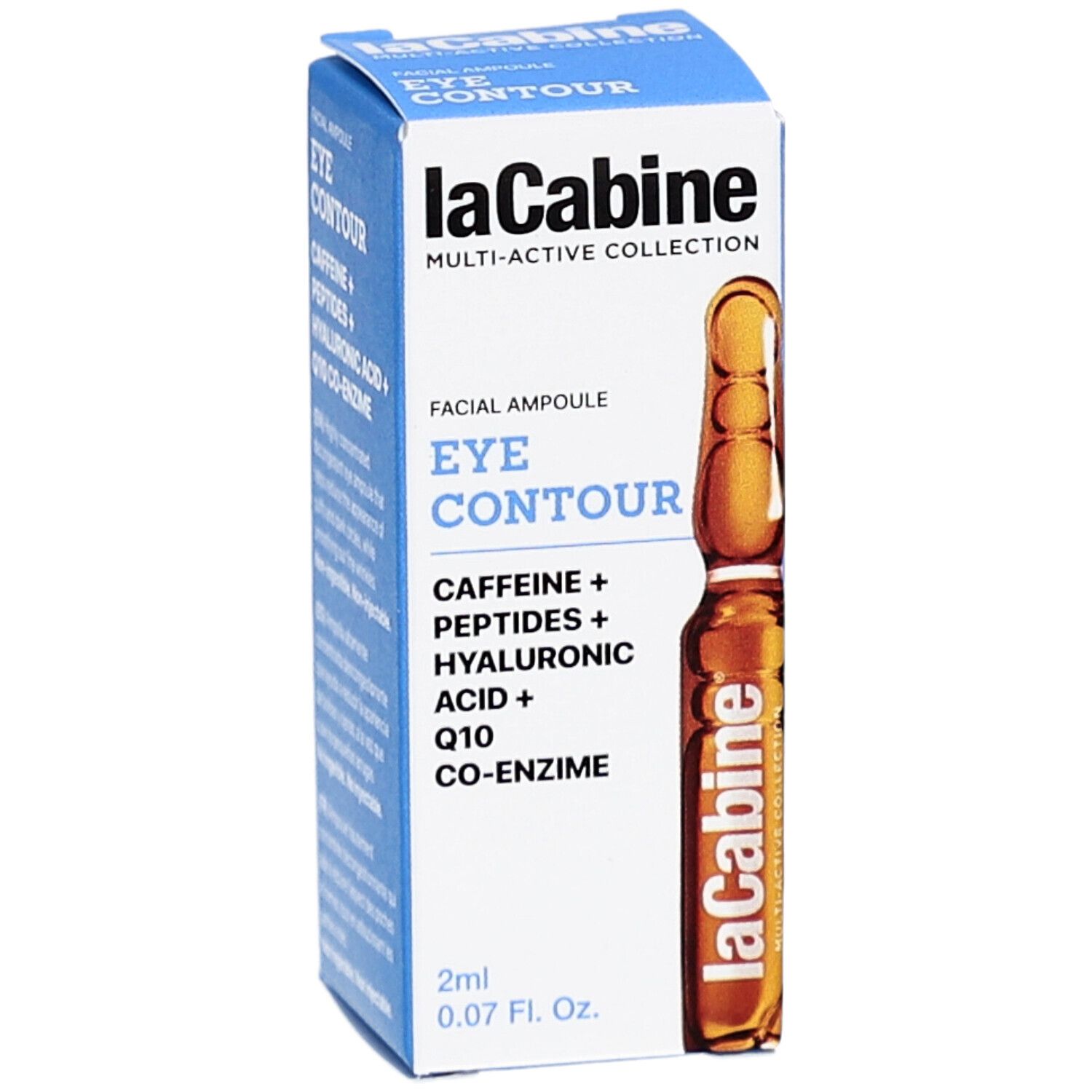 Kartonverpackung mit Ampulle. Aufschrift: Eye Contour, Caffeine, Peptide, Hyaluronsäure, Q10. 2ml.