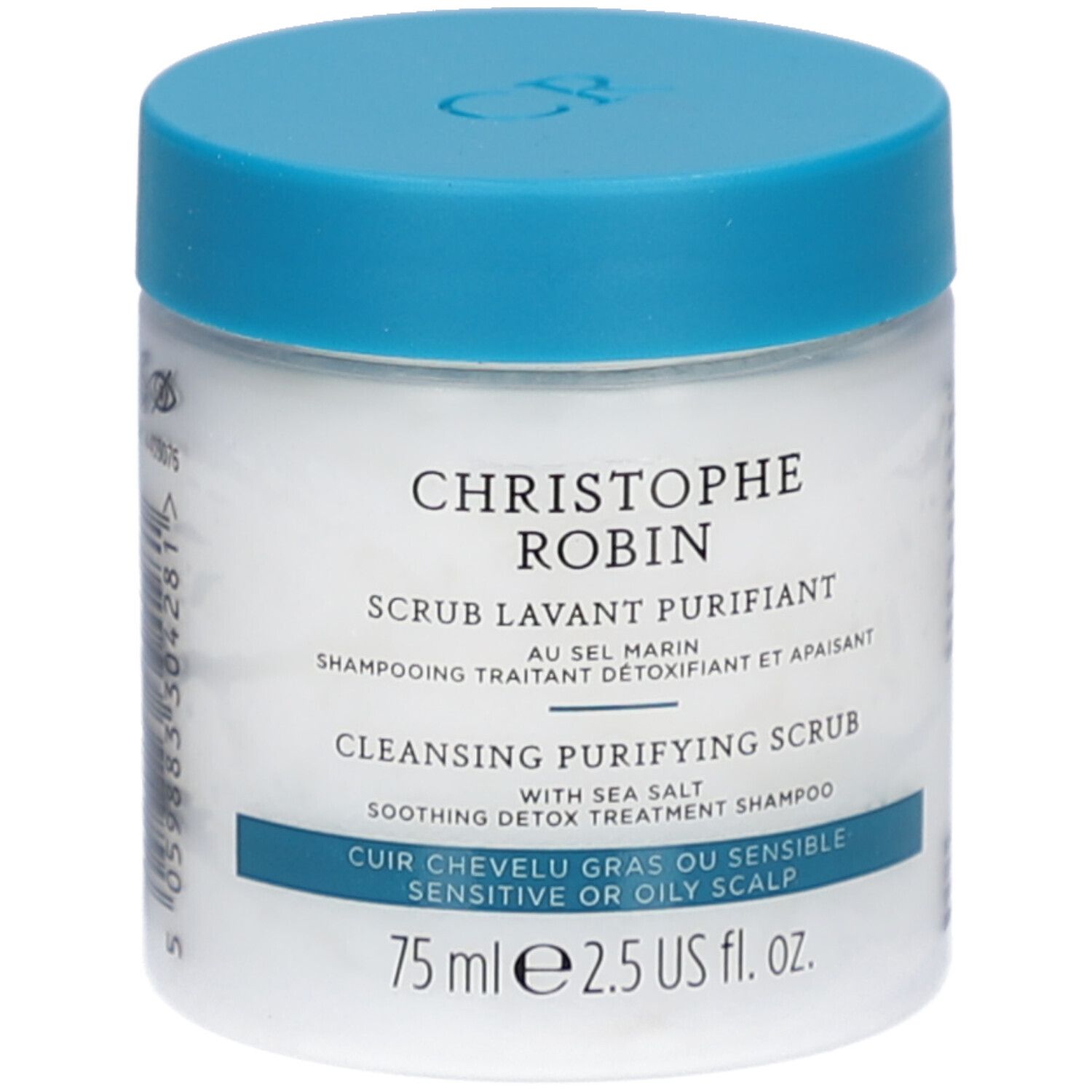 Weißes Tiegel mit blauem Deckel. Aufschrift: CHRISTOPHE ROBIN, SCRUB LAVANT PURIFIANT, CLEANSING PURIFYING SCRUB. Für fettige oder empfindliche Kopfhaut.