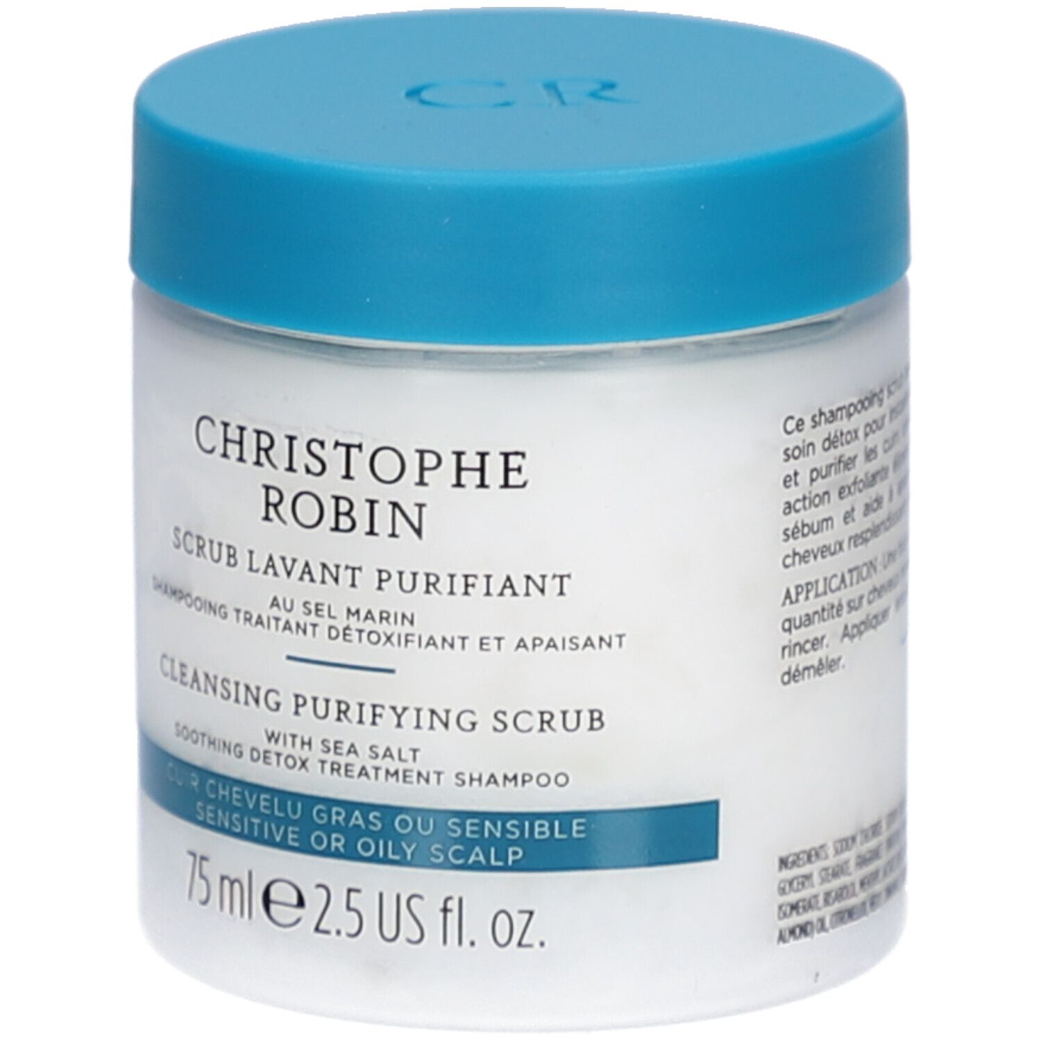 Weißes Tiegel mit blauem Deckel. Aufschrift: CHRISTOPHE ROBIN, SCRUB LAVANT PURIFIANT, CLEANSING PURIFYING SCRUB. Für fettige oder empfindliche Kopfhaut.