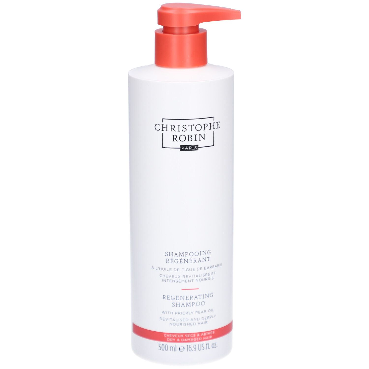 Weiße Flasche mit rotem Pumpkopf. Aufschrift: CHRISTOPHE ROBIN PARIS, SHAMPOOING REGENERANT, 500 ml.
