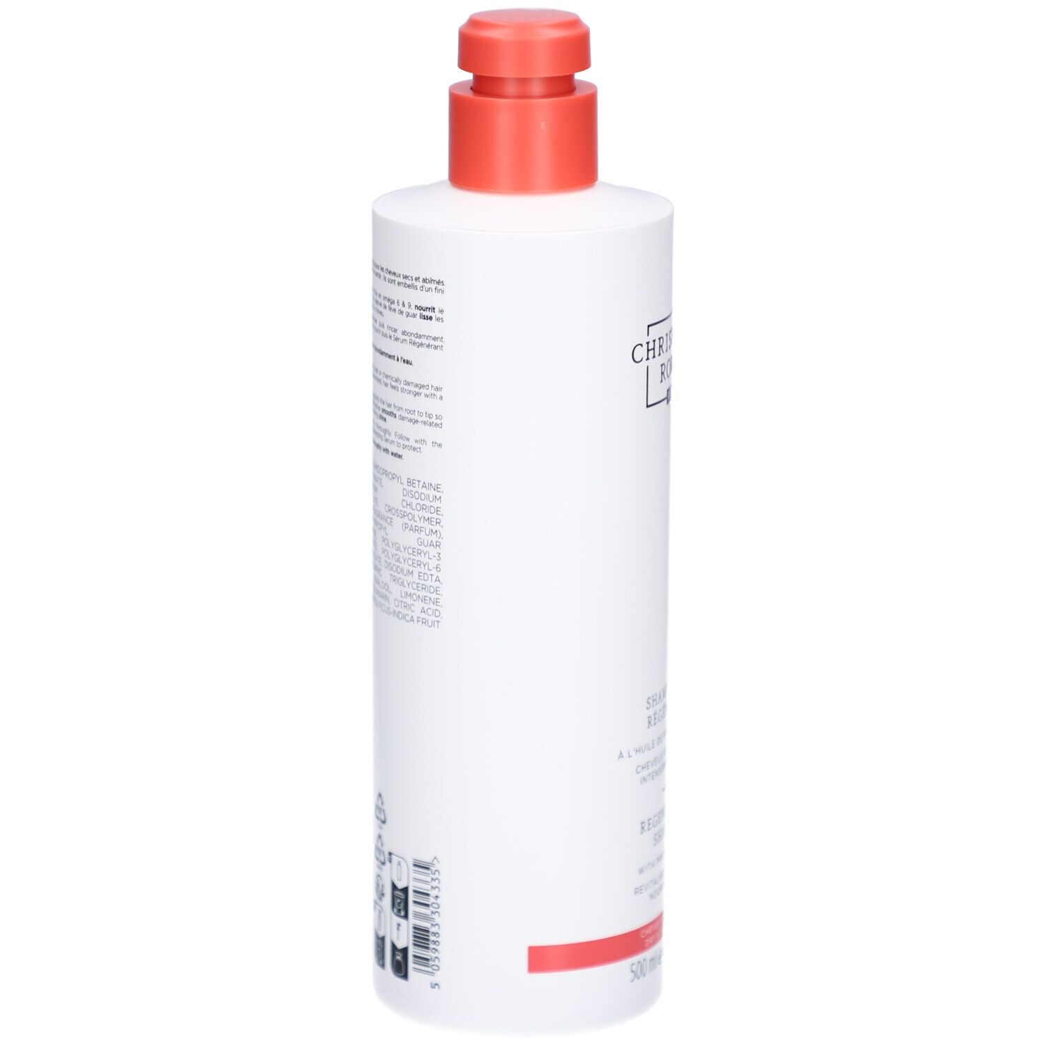 Rückseite einer weißen Flasche mit rotem Pumpkopf. Text und Barcode auf dem Etikett.