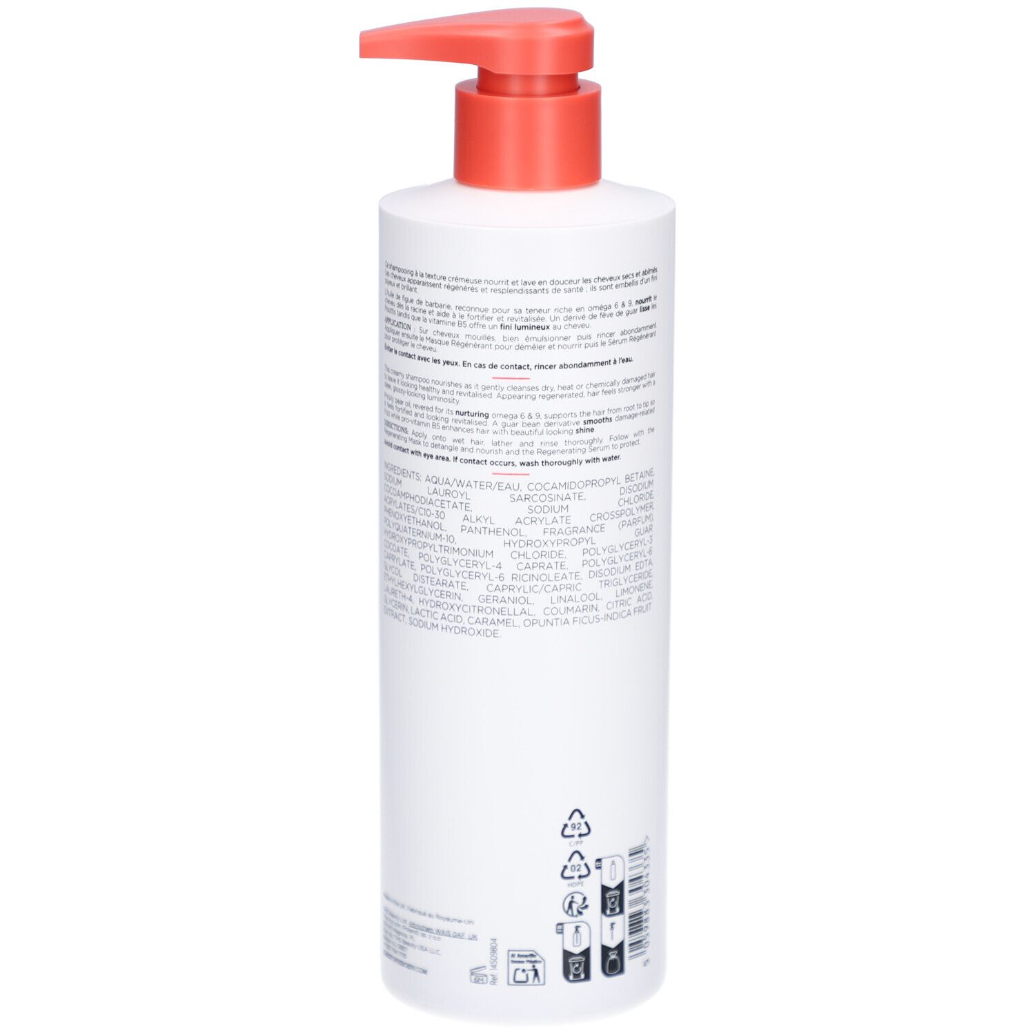 Rückseite einer weißen Flasche mit rotem Pumpkopf. Text und Symbole auf dem Etikett.