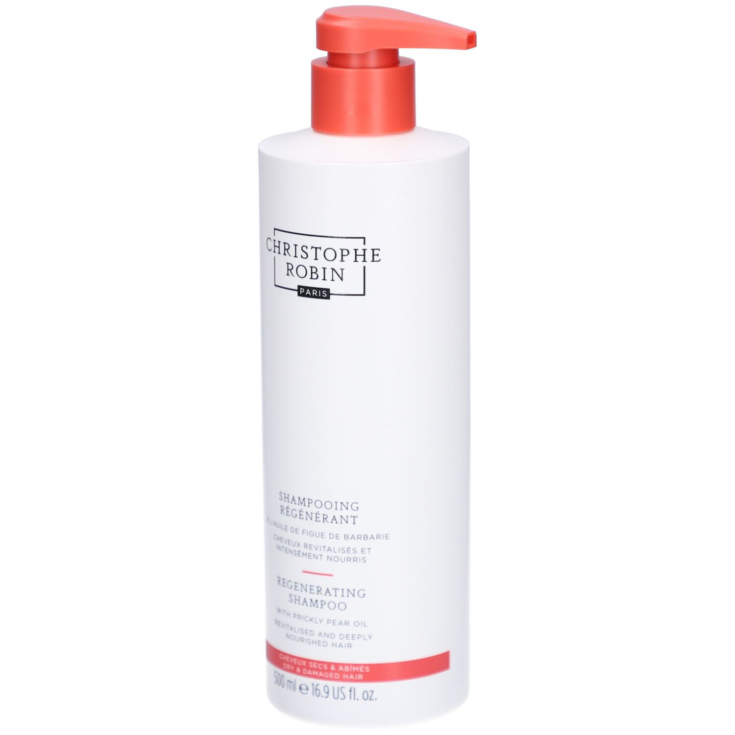 Weiße Flasche mit rotem Pumpkopf. Aufschrift: CHRISTOPHE ROBIN PARIS, SHAMPOOING REGENERANT, 500 ml.