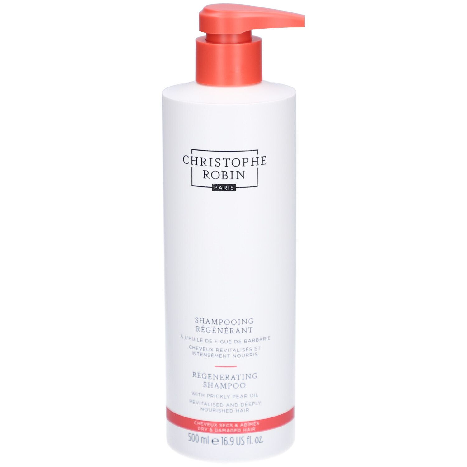 Weiße Flasche mit rotem Pumpkopf. Aufschrift: CHRISTOPHE ROBIN PARIS, SHAMPOOING REGENERANT, 500 ml.