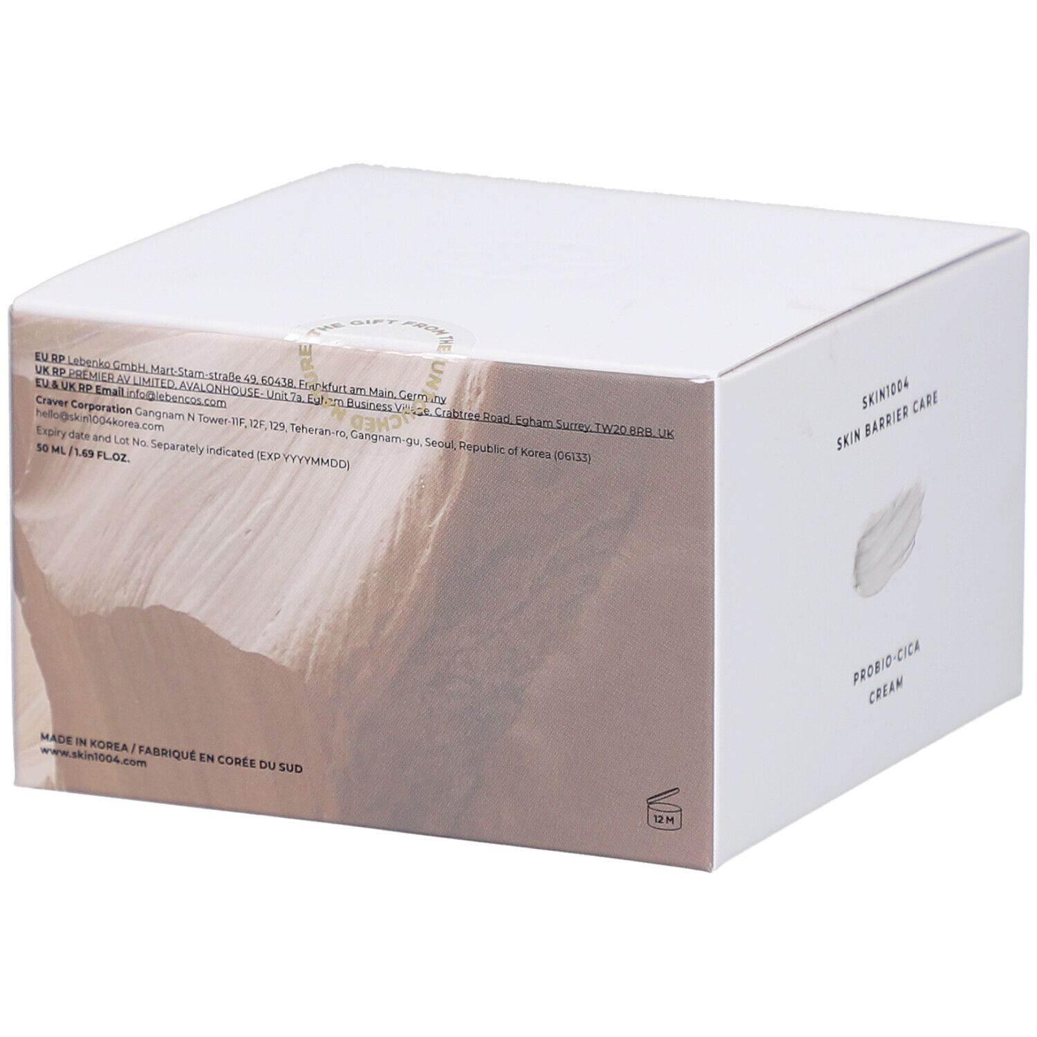 Weiße Produktverpackung. Text: SKIN1004 Skin Barrier Care, Probio-Cica Cream. Rückseite mit Text.