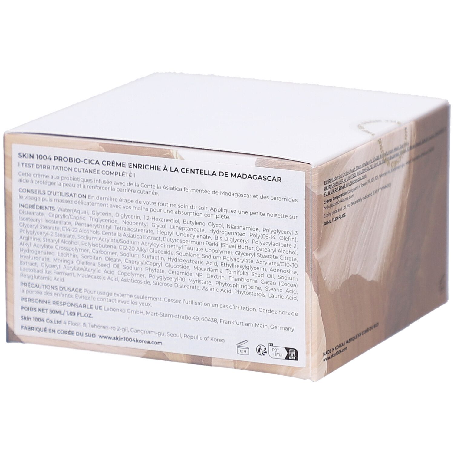 Produktverpackung. Text: SKIN1004 Probio-Cica Enrich Cream. Inhaltsstoffe und Anwendungshinweise.