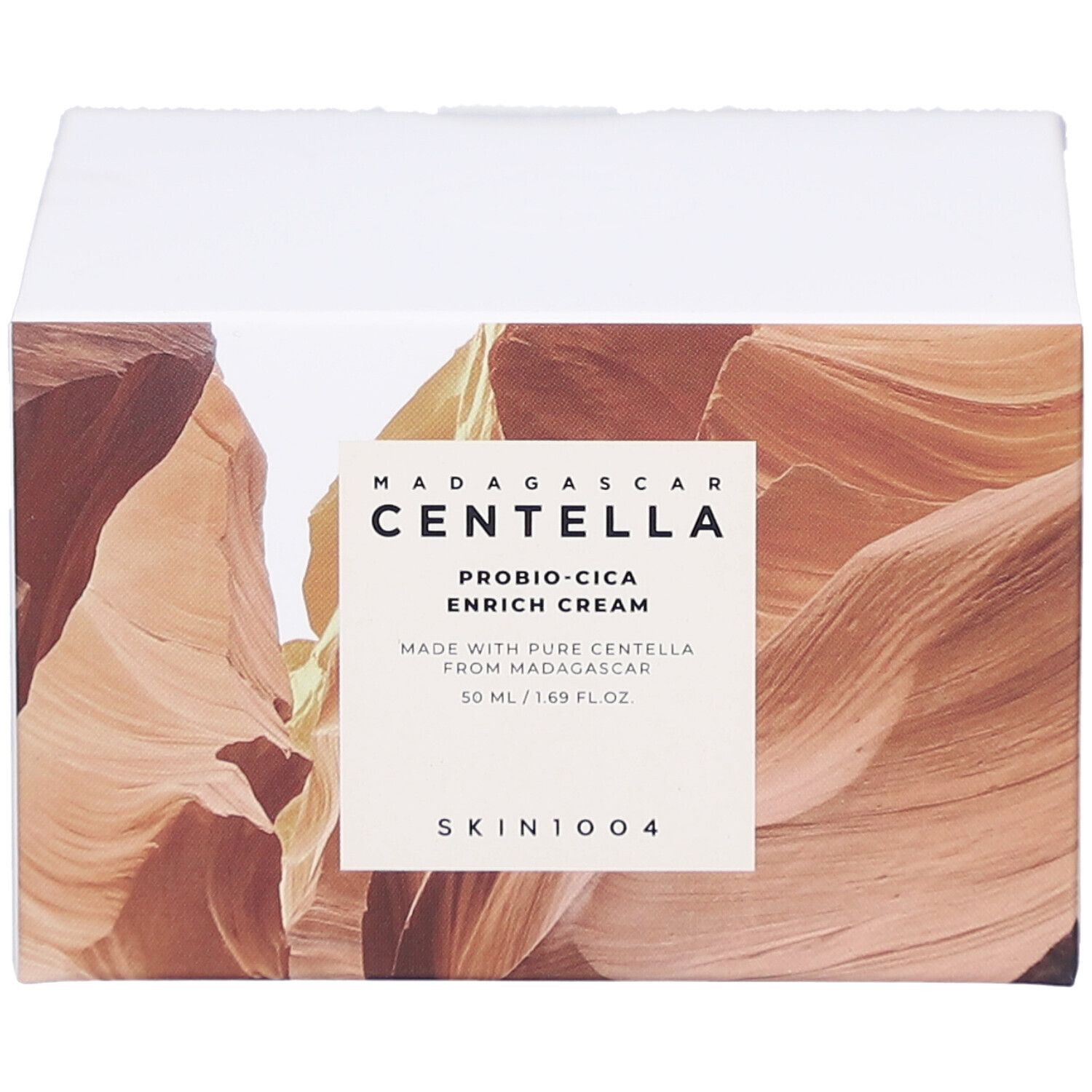 Produktverpackung. Text: MADAGASCAR CENTELLA, Probio-Cica Enrich Cream. 50 ml/1.69 fl.oz. SKIN1004.