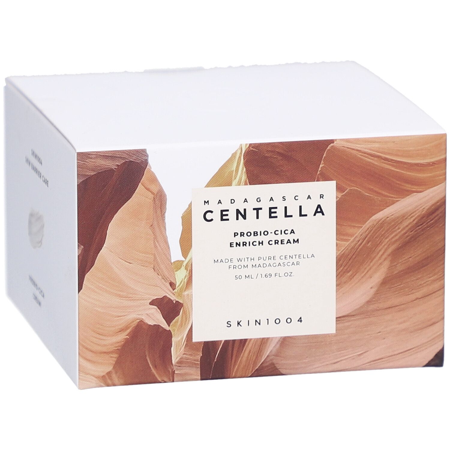 Produktverpackung. Text: MADAGASCAR CENTELLA, Probio-Cica Enrich Cream. 50 ml/1.69 fl.oz. SKIN1004.