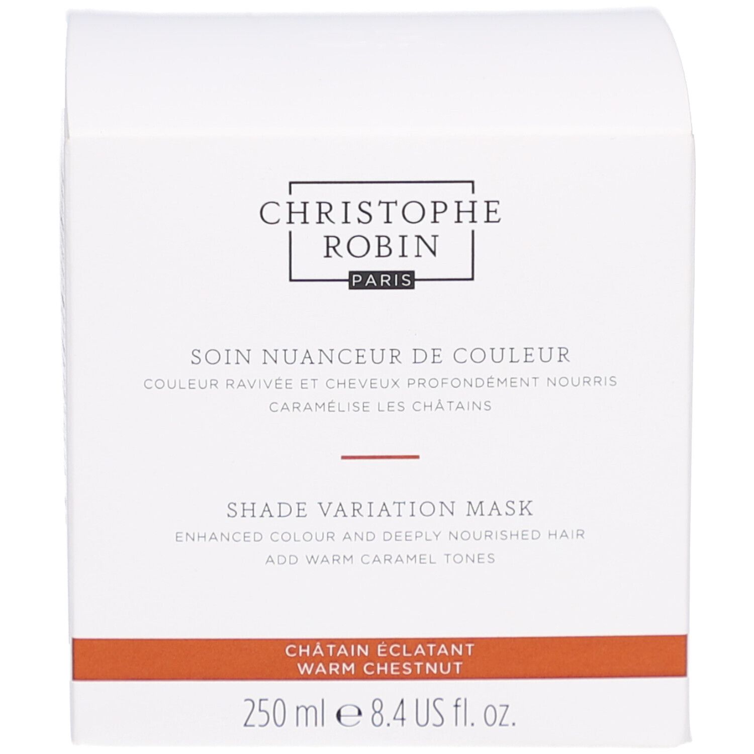 Emballage blanc du produit. Inscription CHRISTOPHE ROBIN PARIS. Nom et description du produit. Couleur : Châtain Éclatant.
