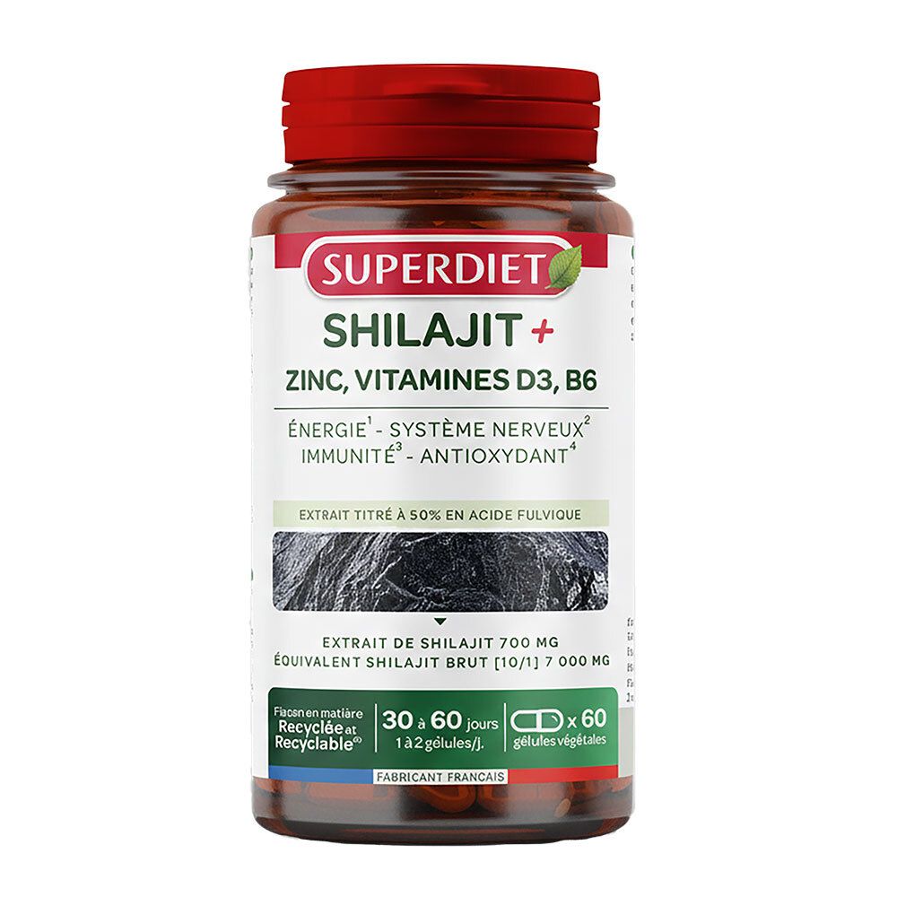 Flacon de pilules brun avec bouchon rouge, étiquette Superdiet Shilajit+ avec Zinc, Vitamines D3, B6.